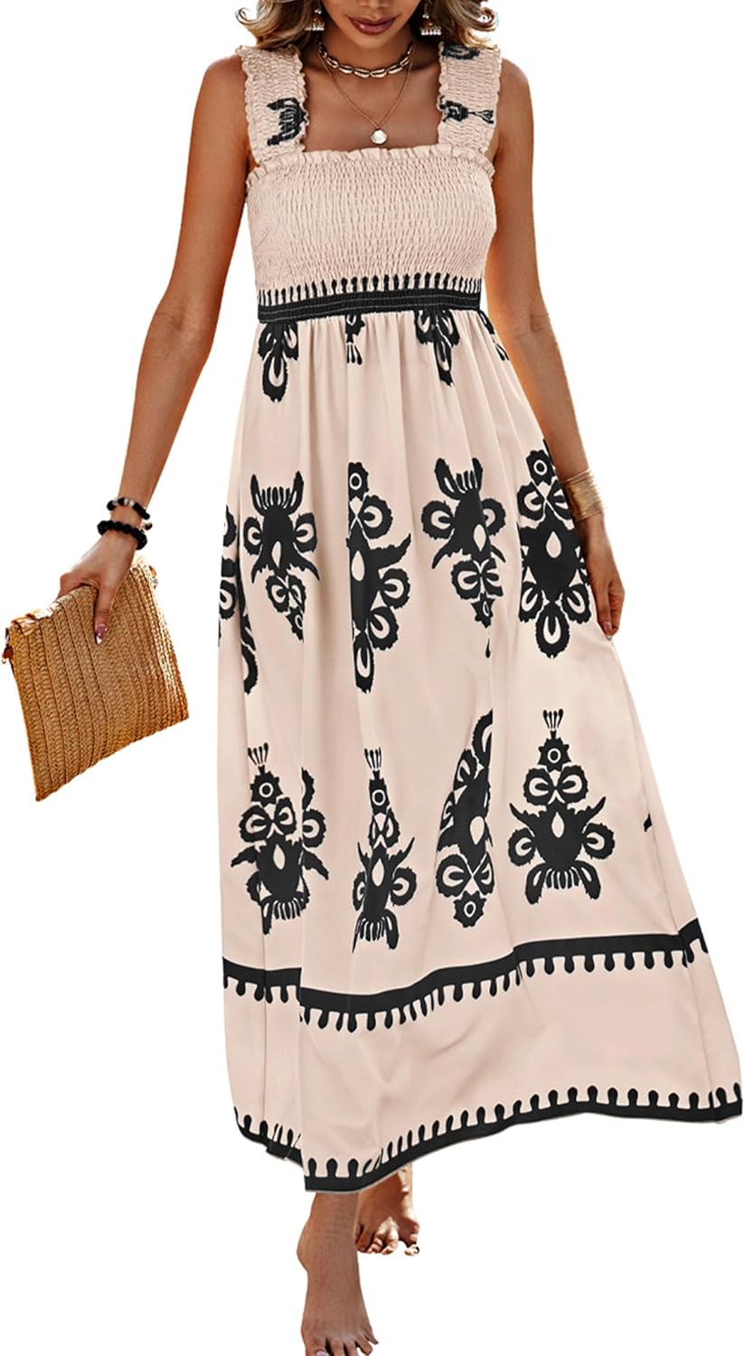 PRETTYGARDEN Womens Summer Boho Maxi Dress 2026 Casual Sleeveless Square Neck Floral Aline Smocked Beach Dresses with Pockets