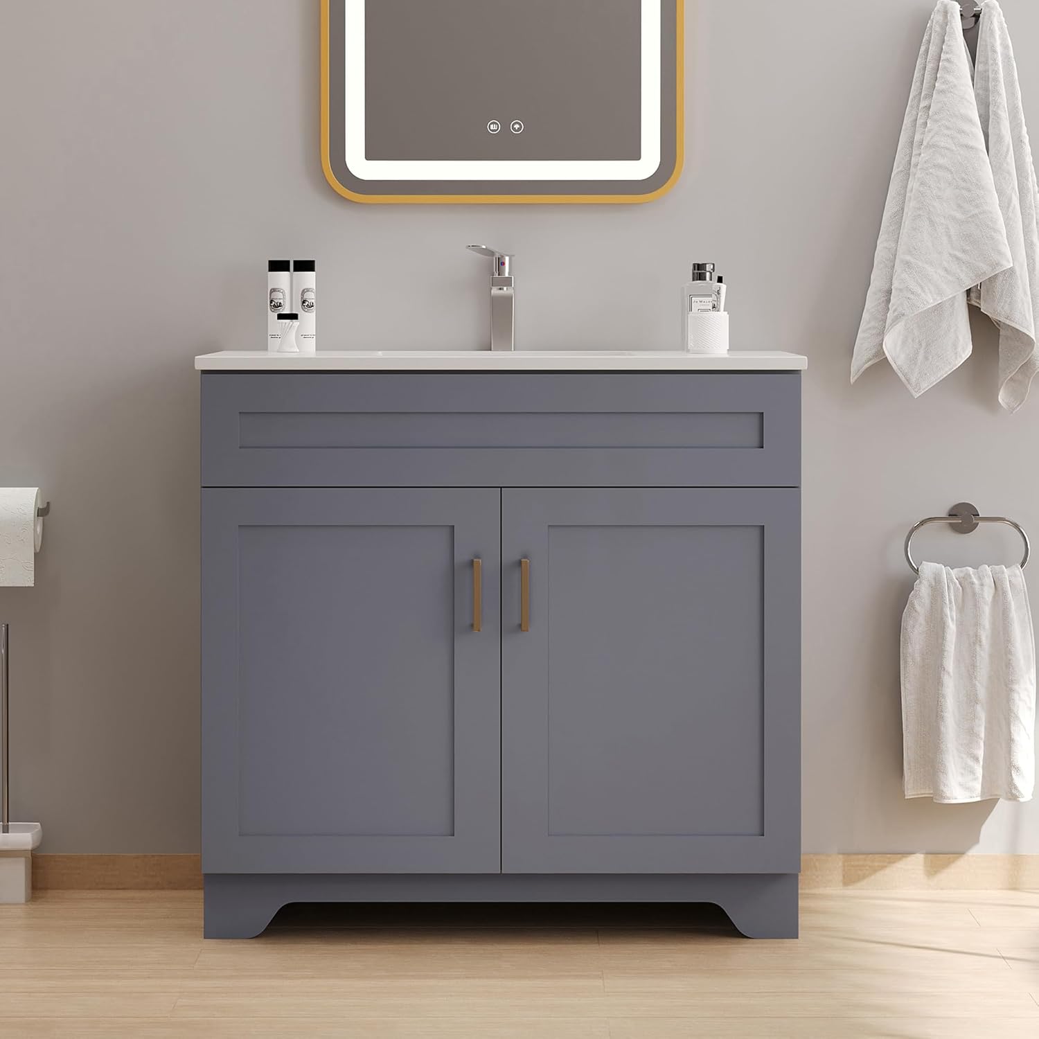 Bathroom 36" Vanity with Ceramic Sink, Wooden Double Door Bathroom Storage Cabinet, Freestanding Cabinet Vanity with Sink (Paint, Grey,36")