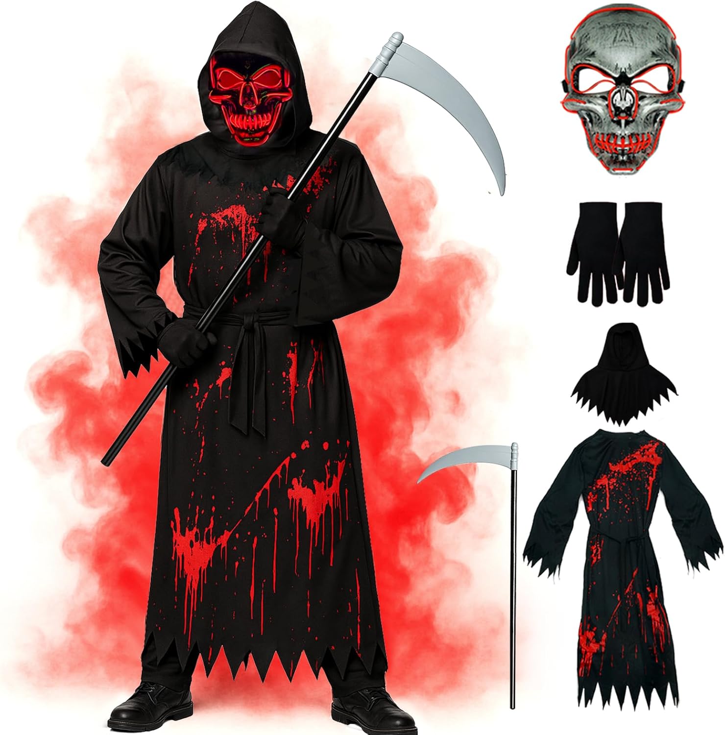 halloween costumes for boys grim reaper costume kids inspired scary robe with hood,ghostface mask and sickle spooky outfit l(10-12years)