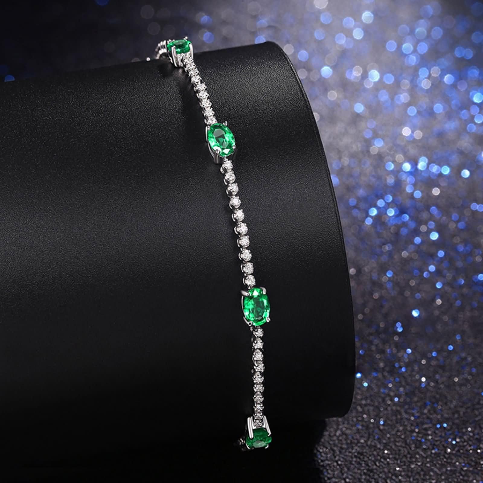 Pulsera Mujer de Oro Blanco 9Kilates / 14Kilates / 18Kilates, Oval con Esmeralda y Diamante, Cadena 16 CM, Pulsera para Mujer de Plata Verde