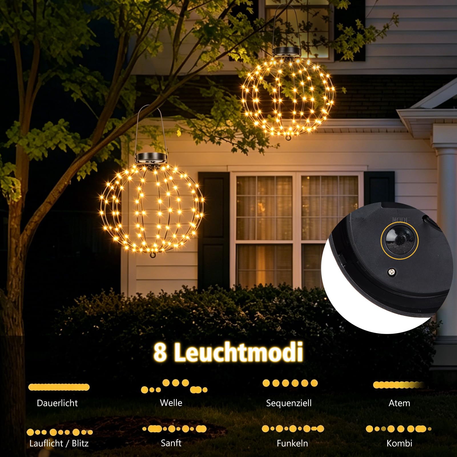 2 Stück 30cm Solar Leuchtkugel Hängend Außen mit Timer für Garten(Warmweiß) | 240 LED Solar Hängende LED Kugel Lichter 8 Modi, Faltbare Wasserdichte Leuchtkugel für Balkon Party Deko