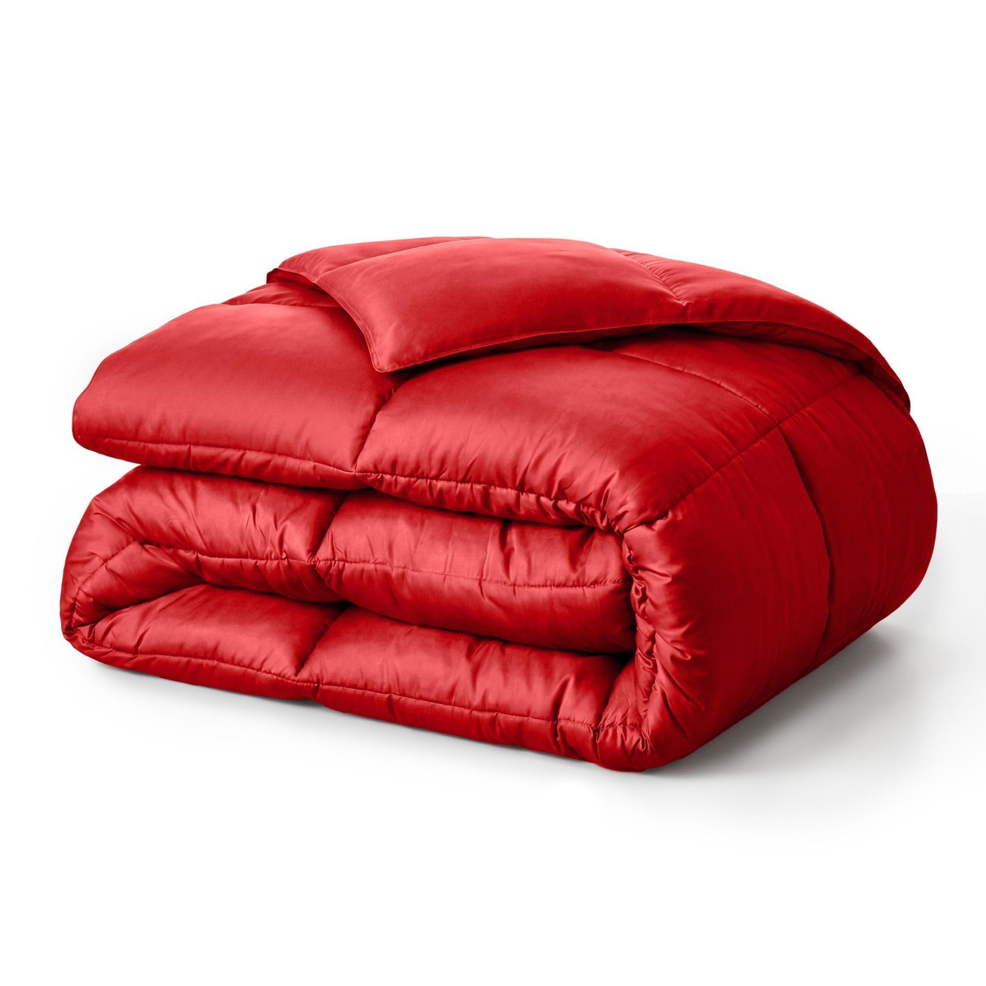 superior brushed microfiber solid comforter, down alternative bedding, reversible, medium weight, fluffy, decorative, duvet insert, oversized blanket, box quilt design, twin, red