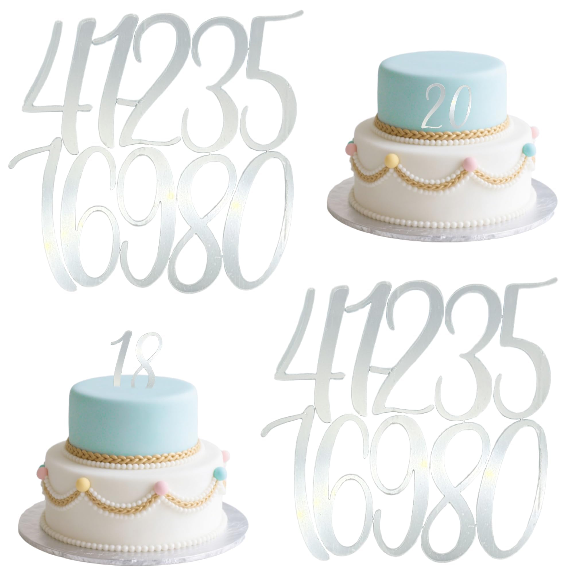 2 Sets Acrylic Number Cake Toppers - Silver Mirrored 0-9 Cake Decoration for DIY Wedding, Anniversary, Birthday & Party Decoration