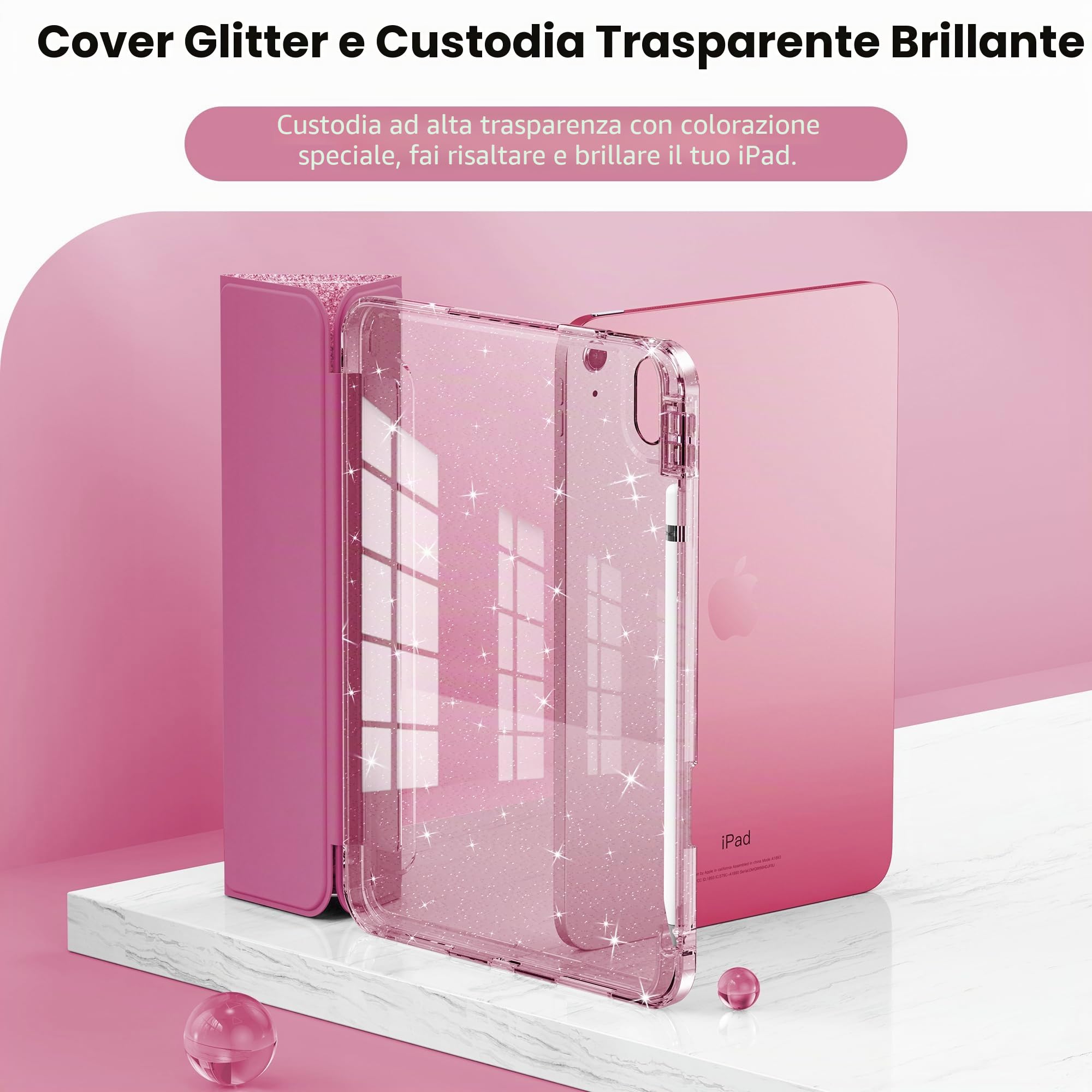 INFILAND Custodia iPad 11 Generazione A16 11 Pollici 2025, iPad 10 Generazione 10,9 Pollici 2022, Glitterata Retro Trasparente Brillante Portapenne Rosa