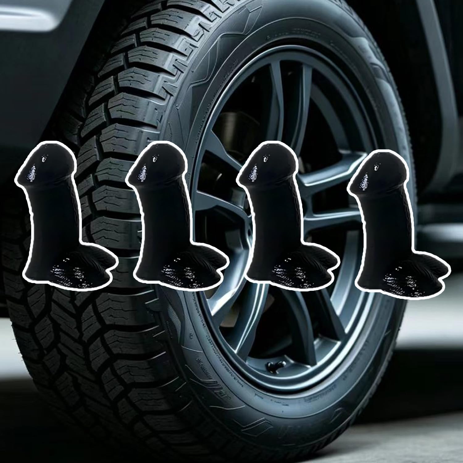 View 1 of **2 packs** 4 Pcs Prank Tire Valve Stem Caps, Funny Tire Air Caps Wheel Accessories Universal for Cars,Trucks,Motorcycles,SUV (Black)
