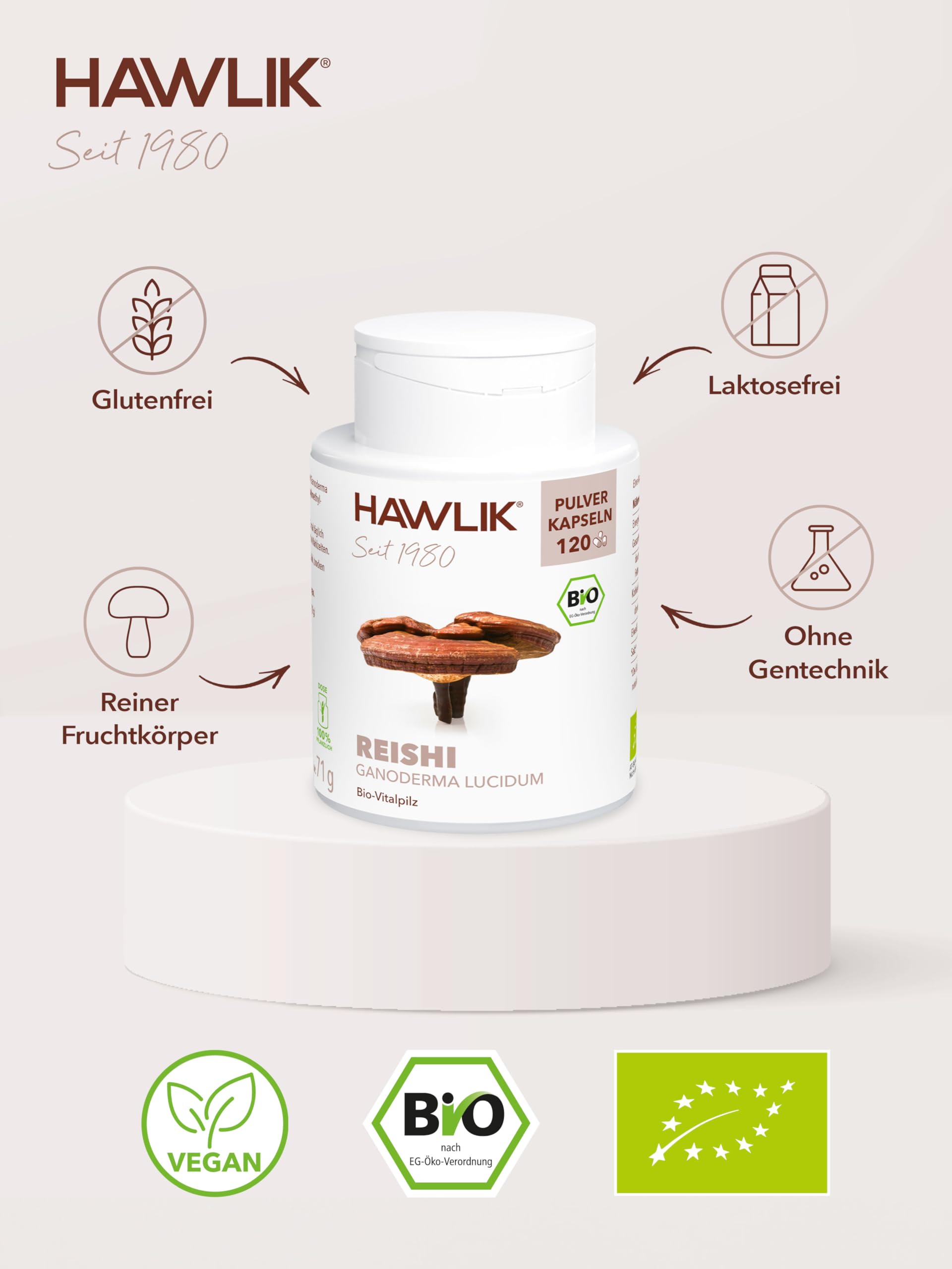 HAWLIK Vitalpilze Bio Reishi Pulver Kapseln - 120 Kapseln - Natürlicher Anbau - Schonende Trocknung - Vegan - Zuckerrohr-Dose