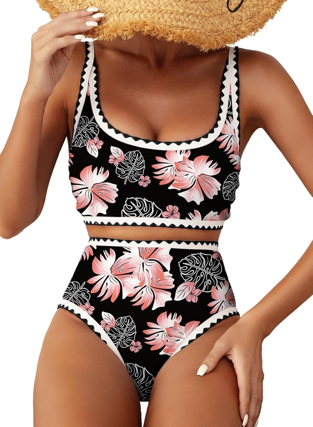 Herseas Women's Bikini Sets Floral Print Whip Stitch 2 Piece Swimsuits High Waisted Scoop Bathing Suits