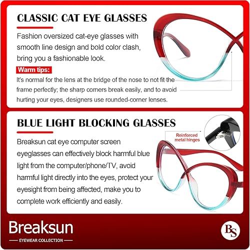 Miniatura 5 de Breaksun Gafas de ojo de gato de gran tamaño para mujer, lentes de luz azul de marco grande, gafas vintage de ojo de gato, lentes transparentes