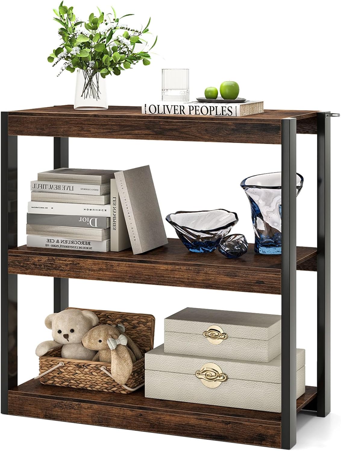 Image of Libreria Aperta a 3 Ripiani, Scaffale Salvaspazio in Legno Anti Ribaltamento, Scaffale Portaoggetti Espositivo per Camera da Letto, Soggiorno, Cucina e Ingresso, 90 x 39,5 x 90 cm, Marrone