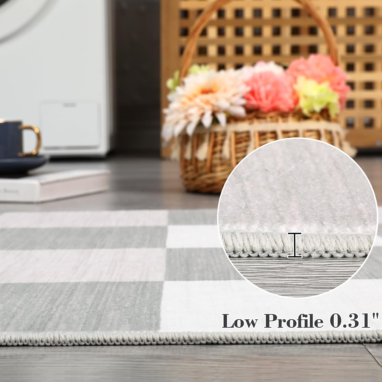 GarveeHome Runner Rugs for Living Room, Washable 2x6 Area Rugs Ultra-Thin Foldable, Modern Print Decorative Plaid Rugs for Bedroom Dining Room, Grey & White