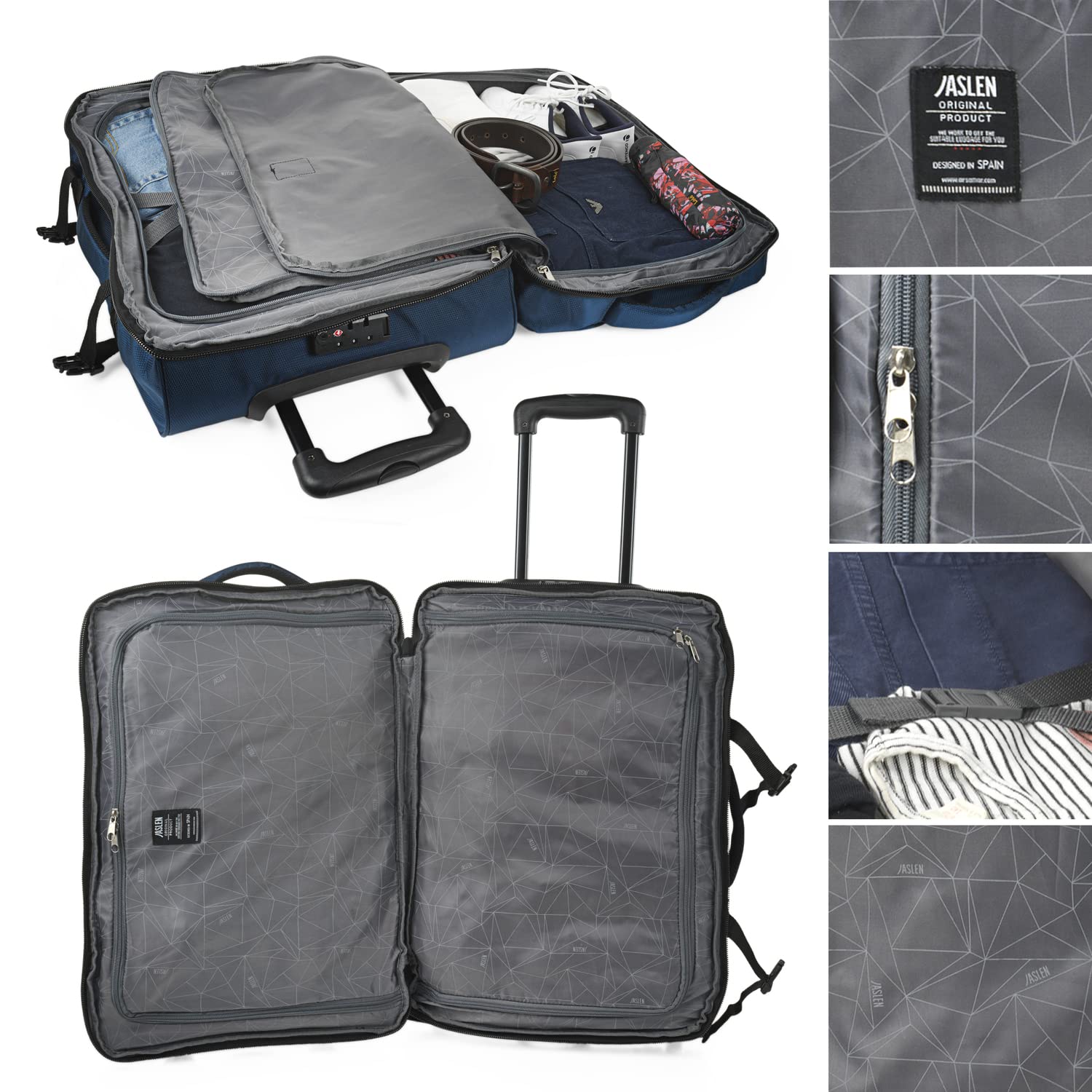 Jaslen - Maleta Cabina 55X40X20 Ligera y Resistente, Ideal como Maletas De Cabina, De Viaje o Mala Viagem, diseño Compacto y Funcional, Marino