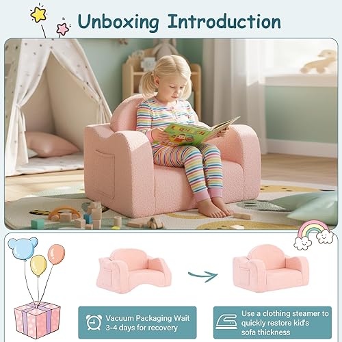 Miniatura 8 de Tiita Silla para niños, sillas plegables cómodas para niños, sofá de felpa 2 en 1 para niños, sillón con reposabrazos de bebé, sofá a tumbona, sofás