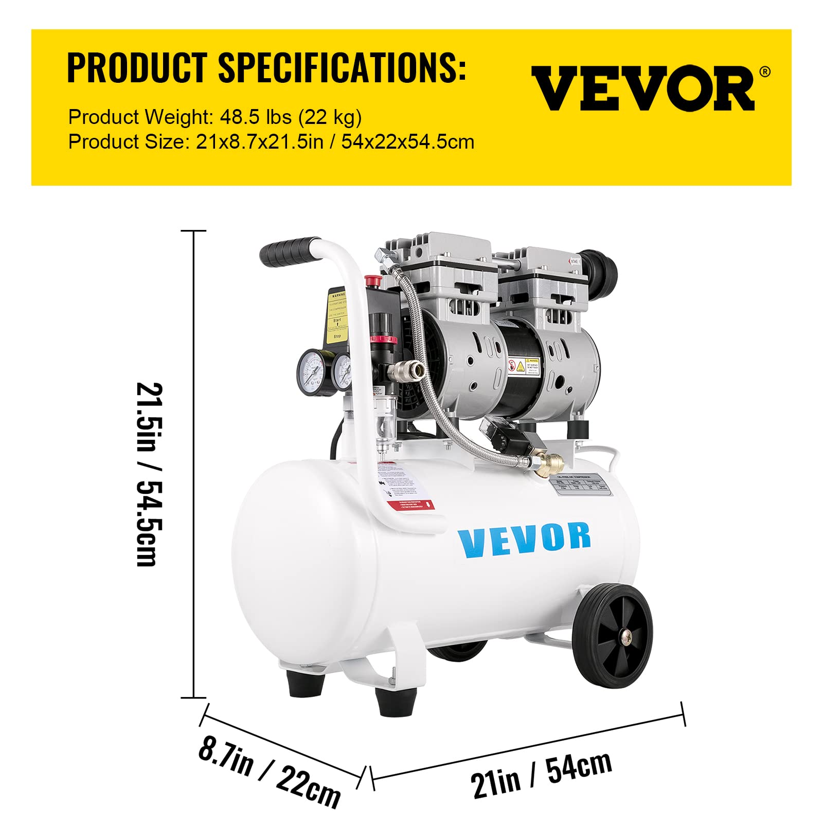 VEVOR Compressore Silenzioso 750W, Oil-free 25 L, Pressione 8 Bar, 220V, Compressore d'Aria Portatile, Rumorosità: 68 dB, per Esigenze di Gonfiaggio