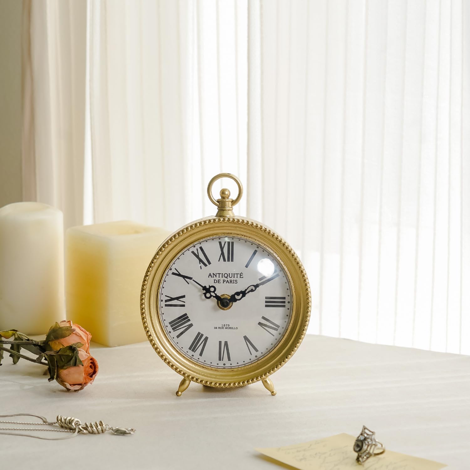 NIKKY HOME Gold Table Clock, Silent Non-Ticking Shelf Desk Top Clock Battery Operated Classic Design, Decorative Home Decor for Living Room, Fireplace Mantel, Desktop, Countertop