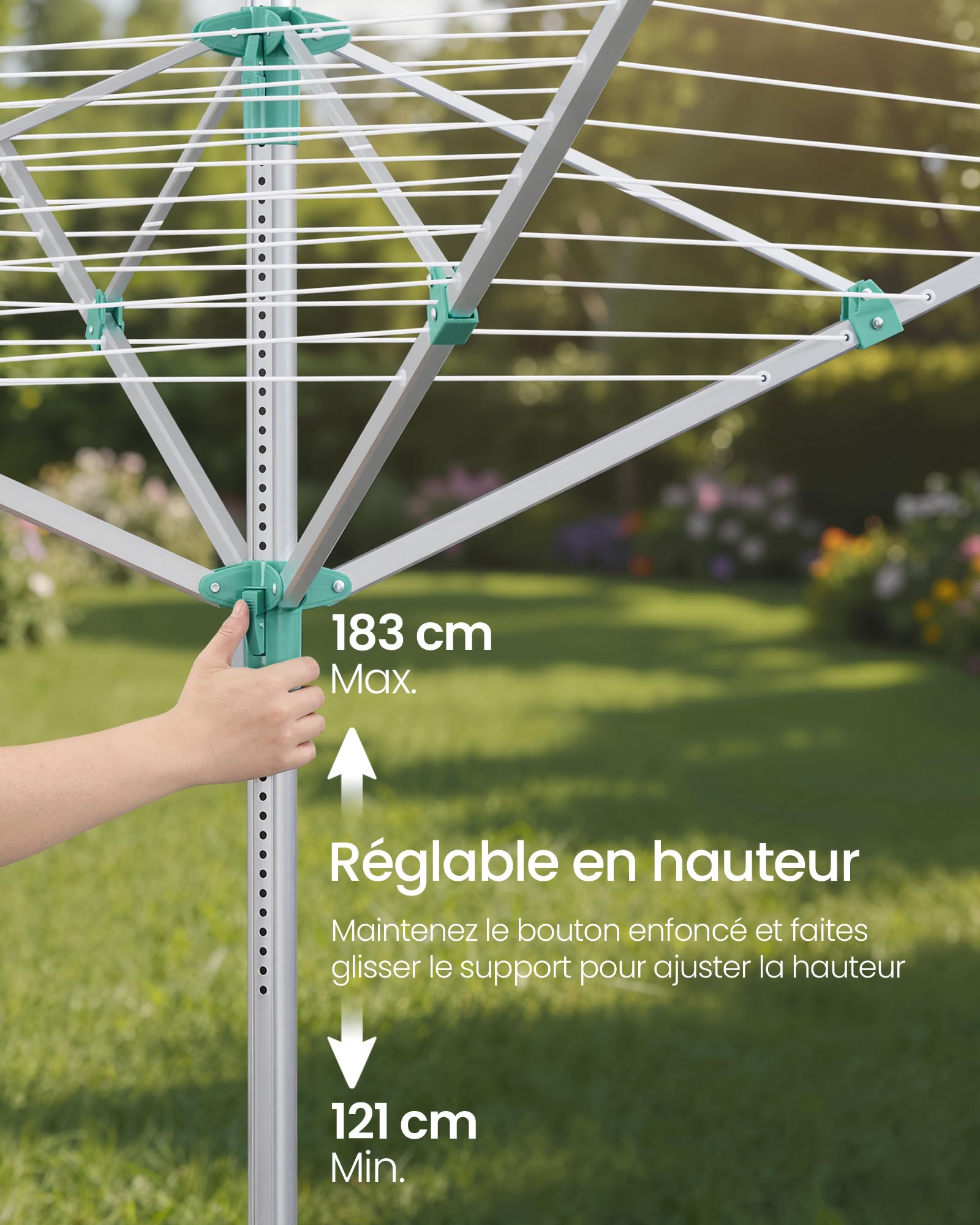 SONGMICS Étendoir à Linge Réglable en Hauteur, Séchoir Parapluie, Alliage d’Aluminium, Extérieur, Ancrage au Sol, Housse, Pinces, Argent et Vert, 50 m de Corde à Linge, pour 5 Machines LLR301E01V1