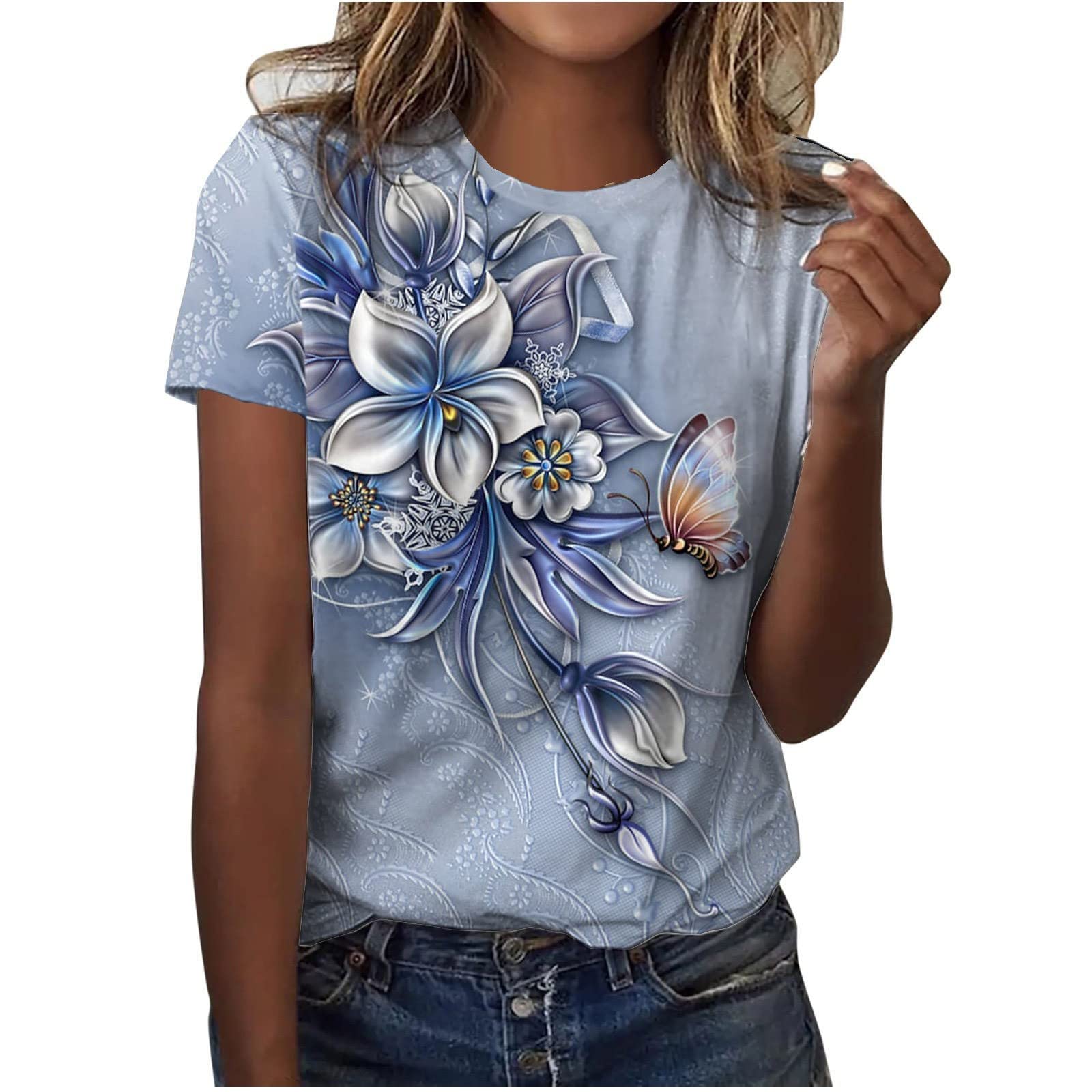 NUSGEAR 2024 Camiseta de Manga Corta Mujer Moda impresión Estampado Flores Camisa Verano Suelto Cuello Redondo Casual Tumblr Tops Fiesta T-Shirt Original Basic tee Talla Grande Camisetas Blusa