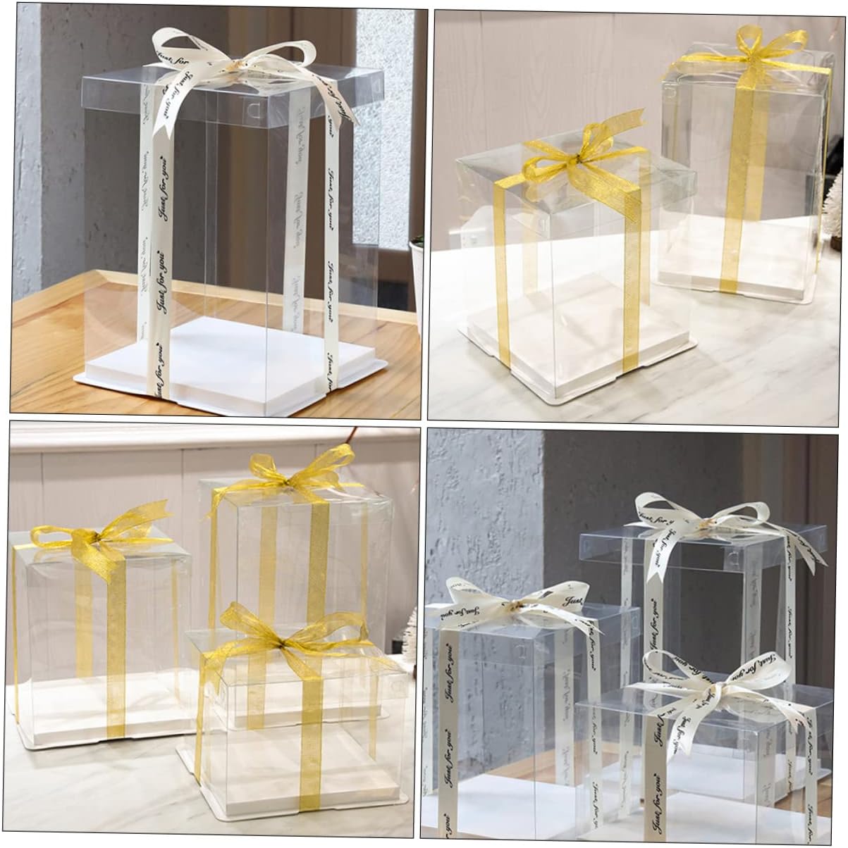 ULTECHNOVO 4 Pcs Transparent Cake Boxes Premium Plastic Cake Carrier Clear Bakery Packaging Containers with Color Ribbon for Gift Wrapping and Storage