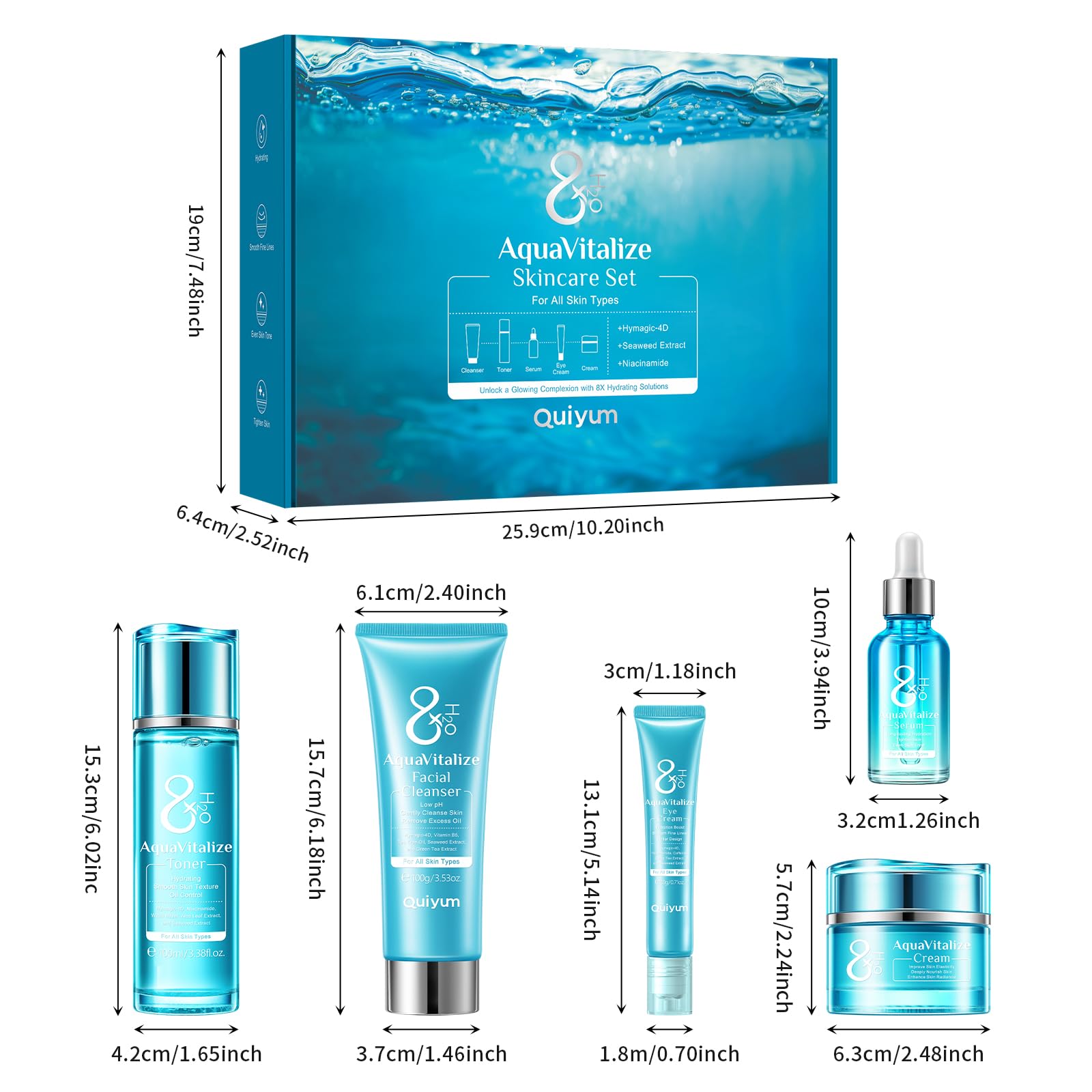 QUIYUM Kit Skincare Viso Completo 8X H2O AquaVitalize, Set Regalo Donna Beauty Routine, 5 Pezzi con Detergente, Tonico, Crema per Gli Occhi, Siero, Crema Viso Idratante