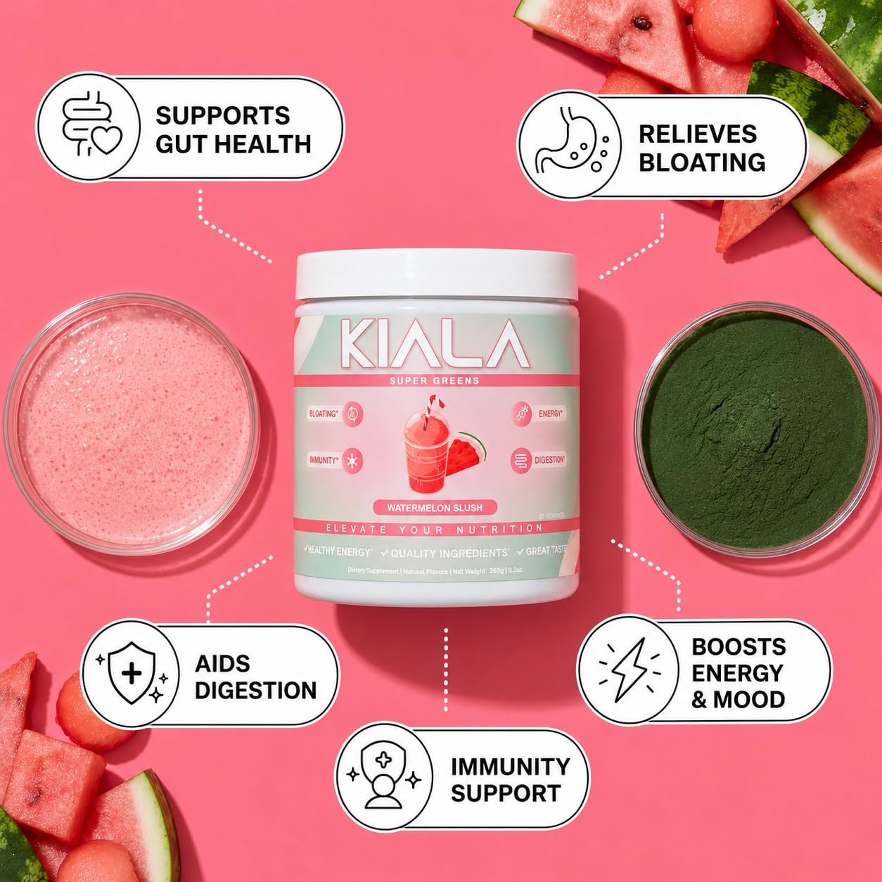 Kiala Nutrition Super Greens Powder with Spirulina & Chlorella for Digestion, Gut Health, Immunity, Adaptogens, Energy, Gluten Free, Vegan, Sugar Free, Watermelon Slush, 30 Servings — Amazon image 3