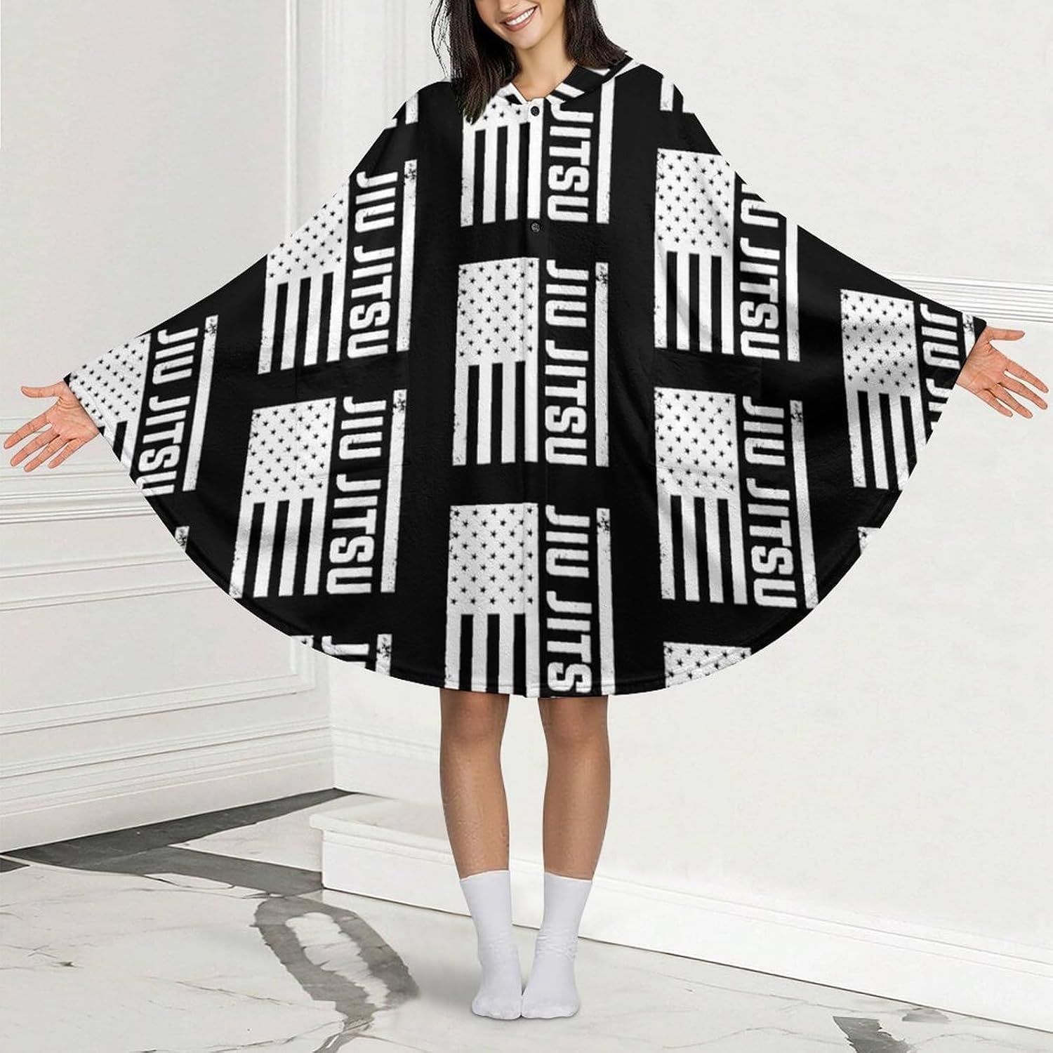 Jiu Jitsu U.S.A. Flag Wearable Blanket with Hooded Flannel Blankets Cape with Pocket