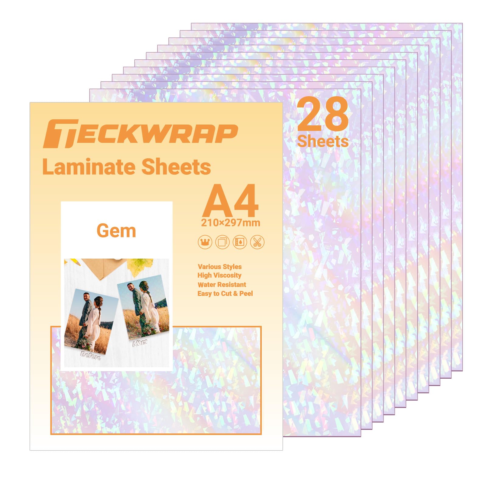 TECKWRAP Holographic Laminate Sheets for Vinyl Sticker Paper A4 28pcs,Gem