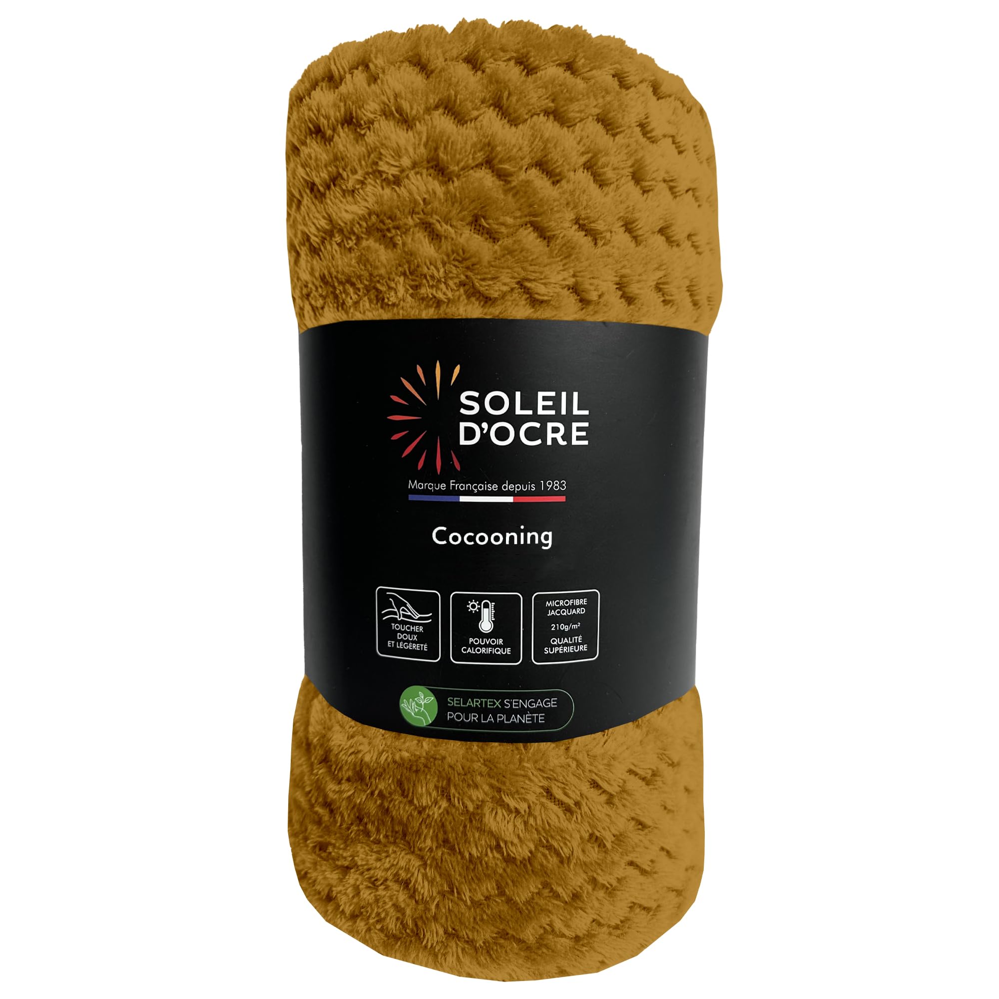 Soleil d'ocre Cocooning, Manta de 180 x 220 cm, Color Mostaza