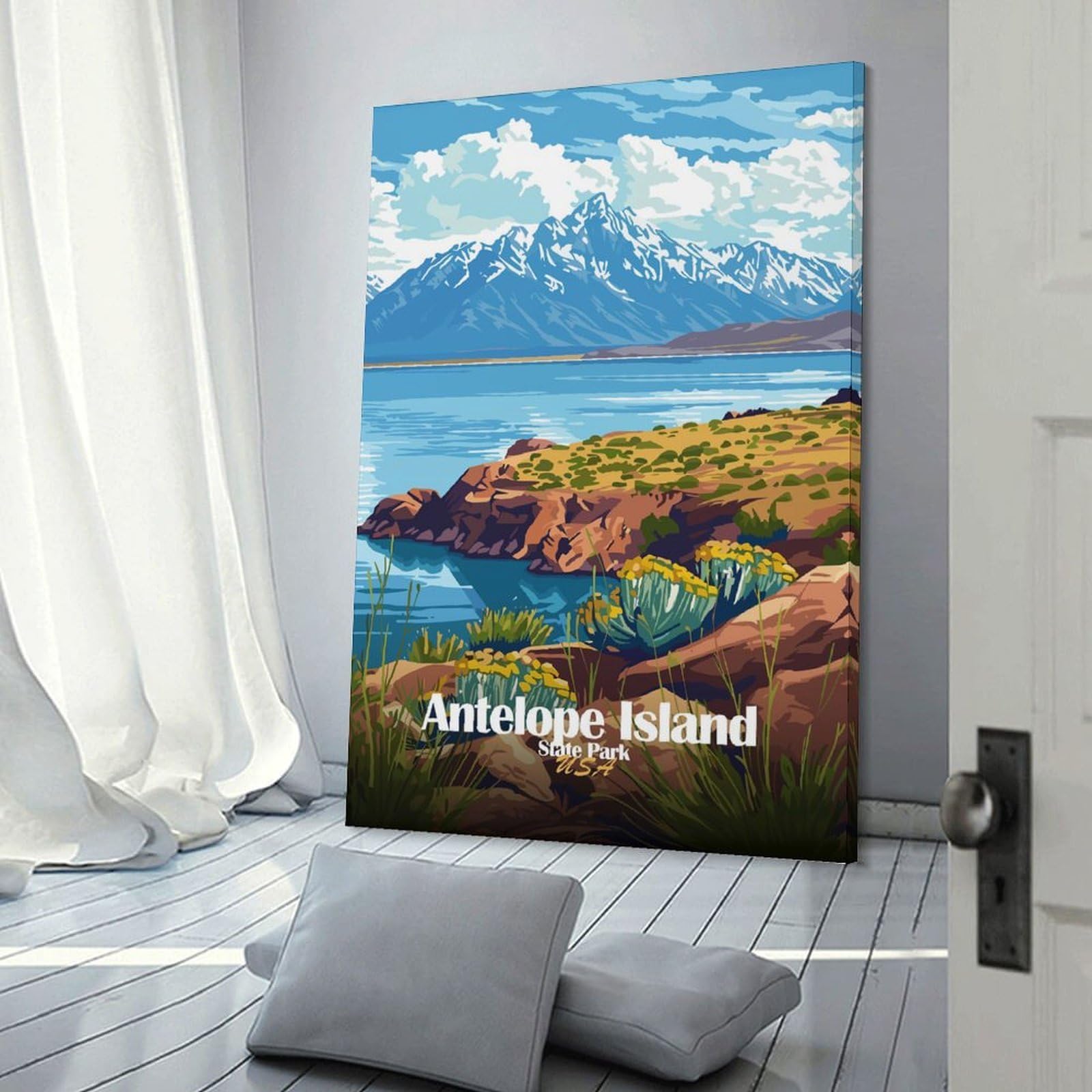 Junmoney Frame-Style-21-1 Antelope Island State Park Illustration Wall Art Print, 24X36inch(60X90cm), For Living Room, Bedroom, Office Or Hallway, A Flexible Wall Accent For Shared Spaces