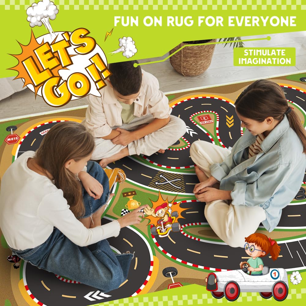 Xuzrdaa Kids Carpet Car Rug Play Mat, Car Rugs for Kids Toy Cars, Road Rug for Kids City Map for Bedroom Classroom (Yellow Car Rug, 2'7