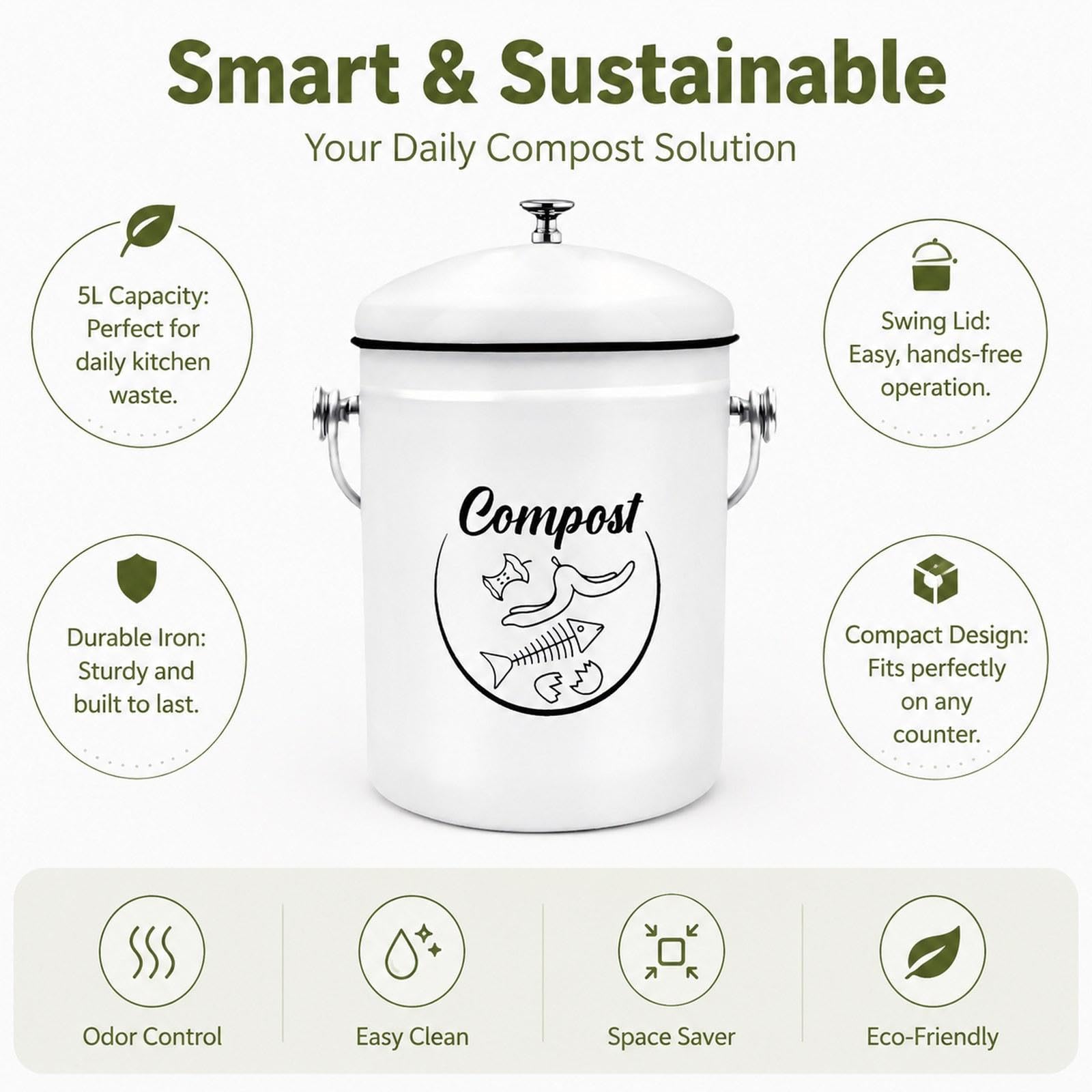 Composteur comptoir, seau à compost d'intérieur avec poignées, 5 L, indispensable en cuisine, seau robuste pour déchets alimentaires avec