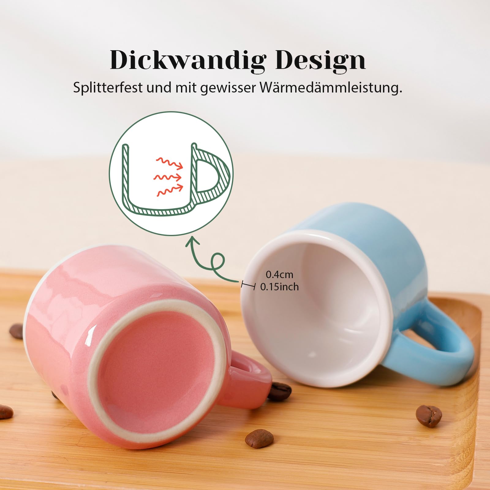 Espressotassen Mini Kaffeetassen Set 4 x 43 ml, Dickwandige Espressotassen mit Henkel für Mokka, Kaffee, Tee & Milch – Buntes Set in Soft Neutral Tones