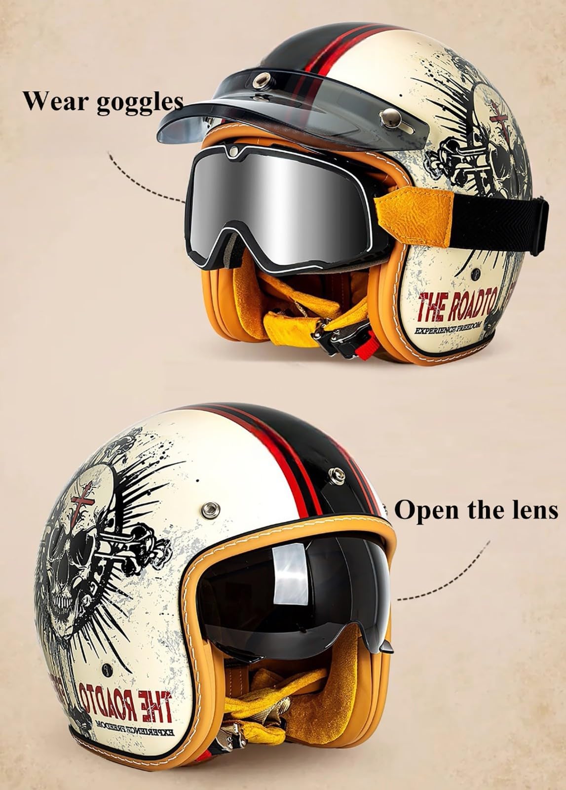 Casco Da Scooter 3/4, Casco Da Moto Retrò, Casco Jet, Casco Chopper Con Omologazione ECE, Casco Da Moto A Mezza Calotta Per Adulti, Uomo E Donna, Casco Da Moto Vintage B1,M/(55~56cm)