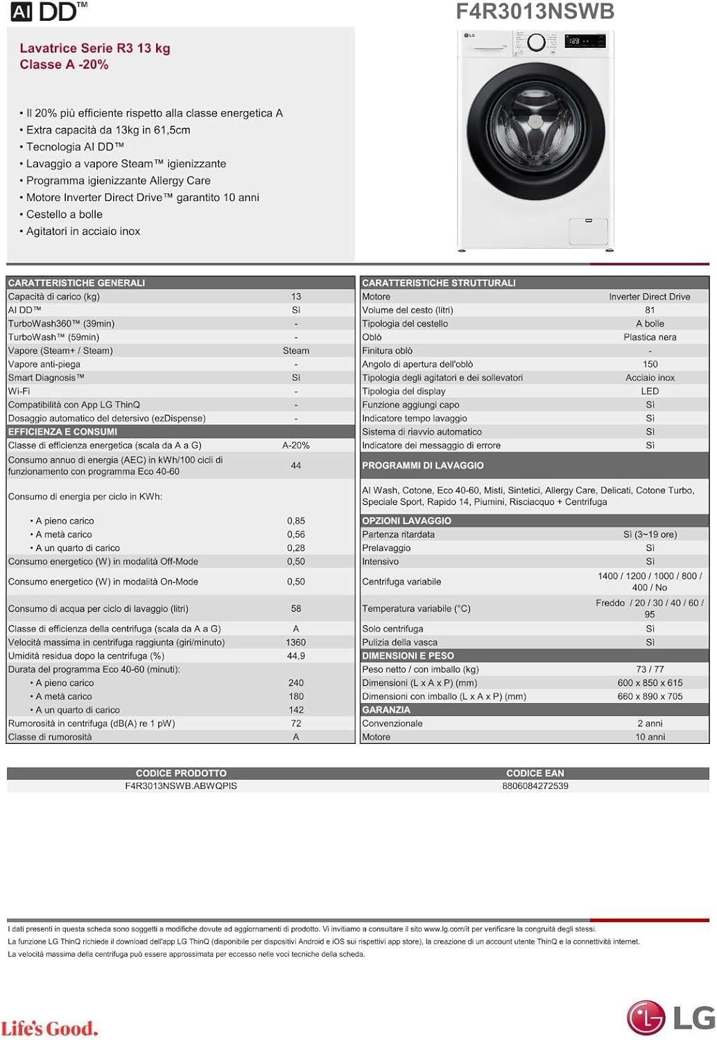 LG AI DD F4R3013NSWB Lavatrice a Carica Frontale 13kg Serie R3, Classe A-20%, 1400 giri, AIWash, Lavaggio a vapore, Motore Direct Drive, Cestello a bolle, Smart Diagnosis, Libera installazione, Bianca