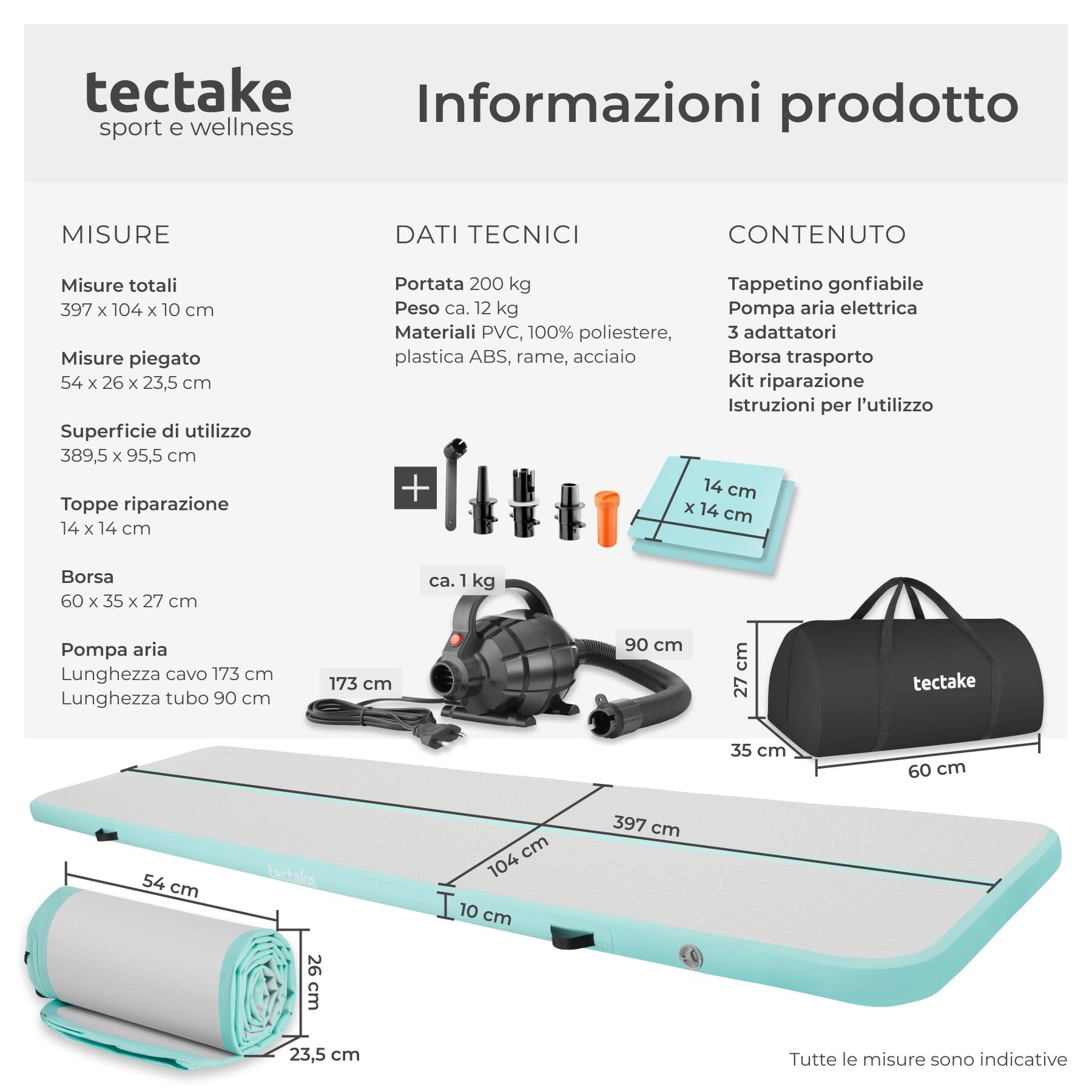tectake® Tappetino Gonfiabile per Allenamento, Fitness, 397 x 104 x 10 cm, Materasso Gonfiabile con Pompa Elettrica, 4 Maniglie, Borsa per Trasporto, Kit di Riparazione, PVC Idrorepellente