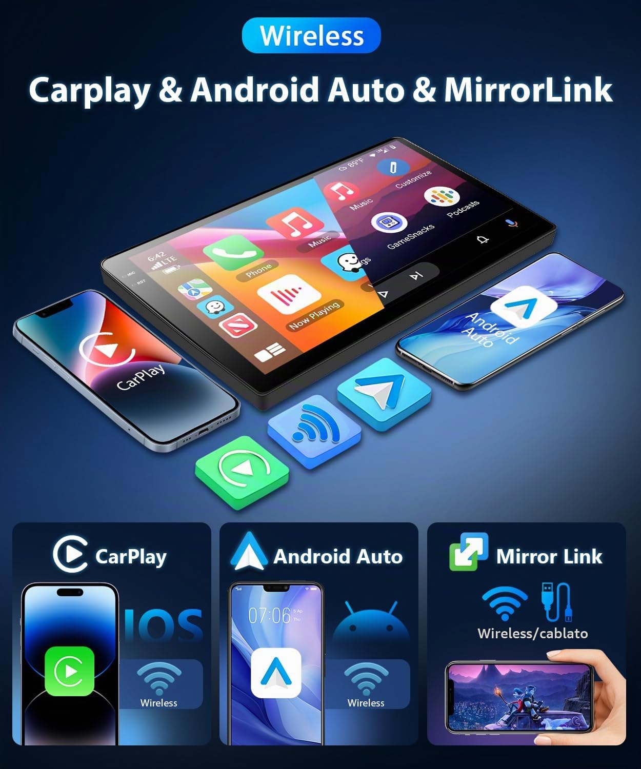 [4GB RAM + 128GB ROM] Motorsi CarPlay 2 Din Autoradio con GPS, 9" Android Auto Doppio Din Stereo Auto Bluetooth con Schermo, Assistente Vocale WiFi SWC FM/RDS Radio EQ MirrorLink + Telecamera