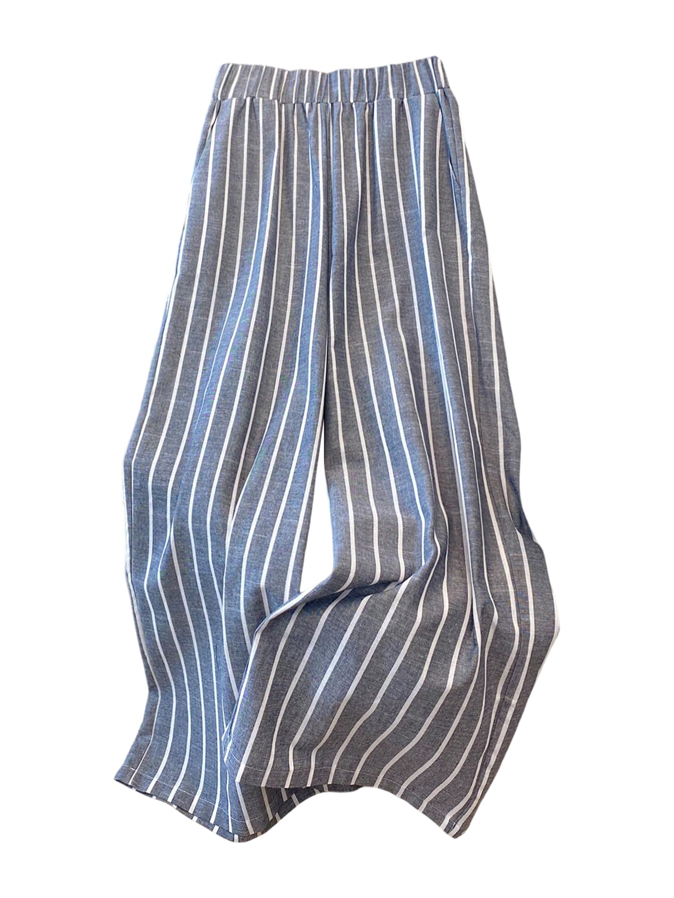 GORGLITTER Womens Plus Size Baggy Striped Pants Wide Leg Flared Elastic Waist Trousers with Pockets