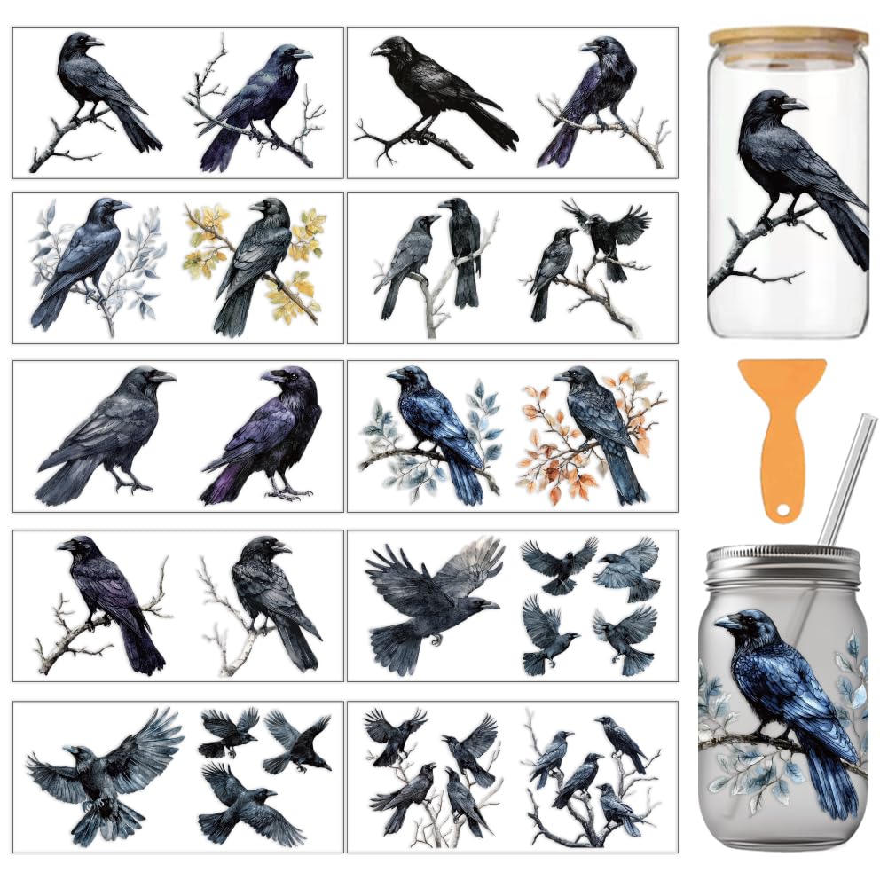 arricraft 10 Sheets Colorful Crow UV DTF Cup Wrap for 16OZ Glass, Watercolor Gothic Crow Branches Plant Leaves Rub on Decals PVC Transfer Stickers for DIY Cups Wood Funiture 24x11cm/9.4x4.3inch