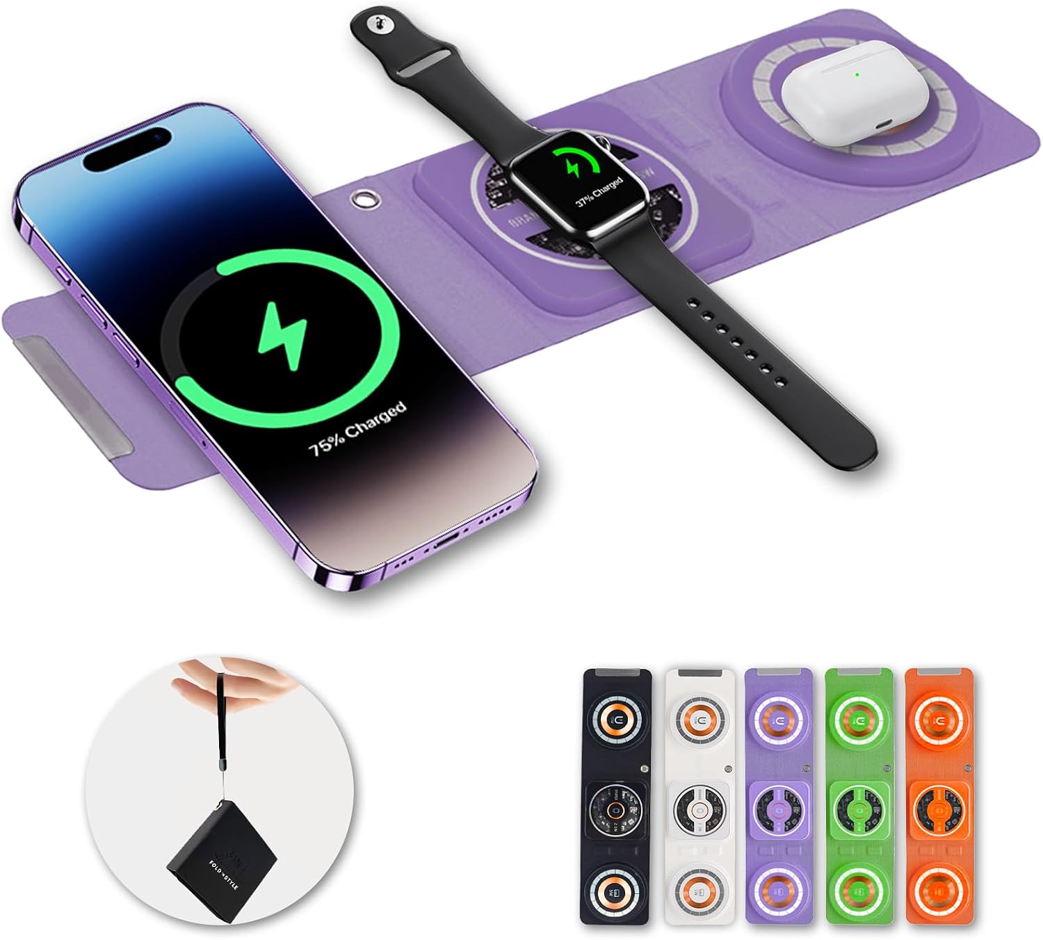 3-in-1 Foldable Magnetic Wireless Charger Keychain, 15W Travel Fast Charger Phone 15/14/13/12 Pro/Max/Plus, Watch, AirPods, Samsung Galaxy/Note, Charge 2 Phones Simultaneously (Purple)