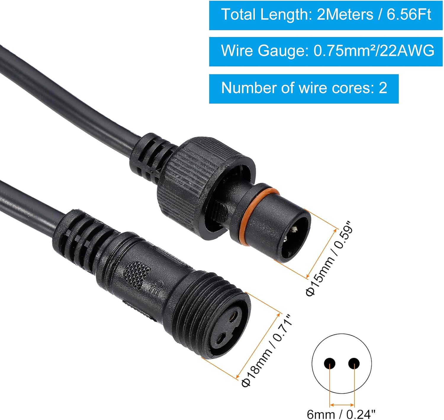 PATIKIL 6.56Ft 2 Pin Extension Cable Wire, 18AWG Waterproof IP67 Connector with Male and Female at Both Ends for LED Strips, Black