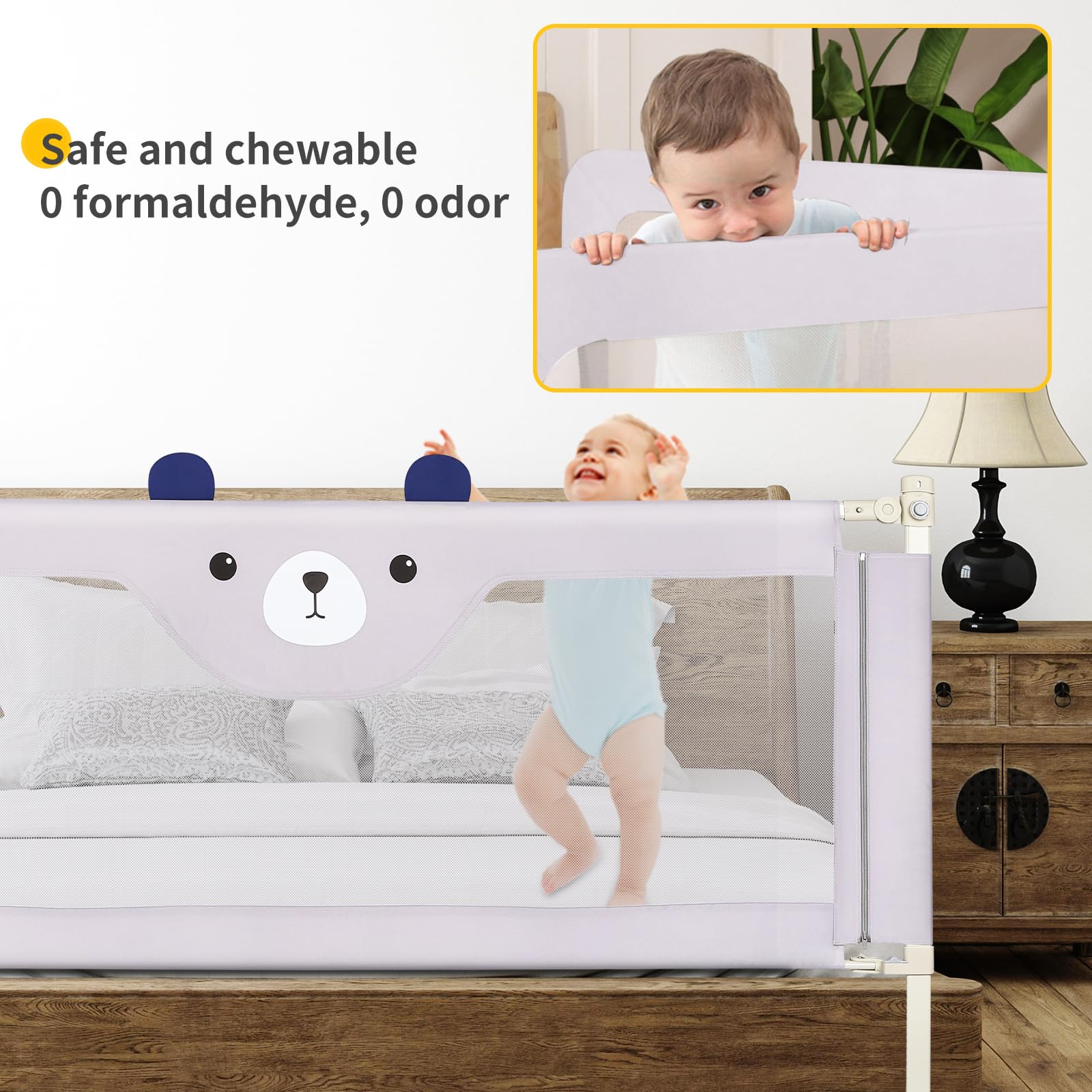 LANTUS Barriera per Letto Bambini 200 cm, Protezione Dalle Cadute Accidentali, Altezza Regolabile, per Letto di Famiglia e Lettino,Grigio - 200 * 100 * 26 cm - Orsetto