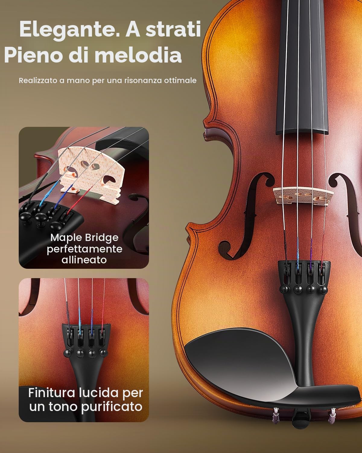 VEVOR Set di Violino 355 mm Set Completo per Violino con Custodia Rigida, Colofonia, Archetto, Spalliera, Ponticello, Accordatore e Corde Extra, Strumenti Musicali per Adulti, Studenti, Marrone Opaco