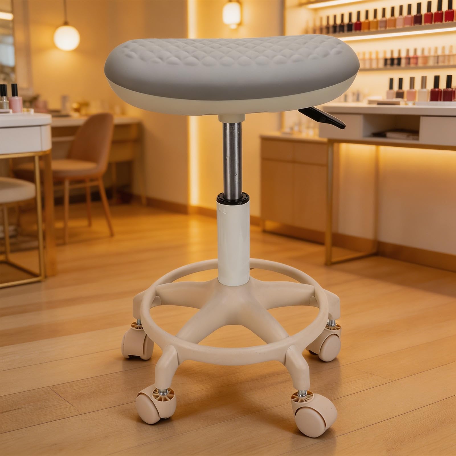 Luocute Höhenverstellbarer Rollhocker mit Fußstütze, um 360 Grad Drehbarer Salonhocker mit 5 Glatten Rollen und Wasserdichtem PU-Leder für Maniküre, Pediküre und Nagelstudio