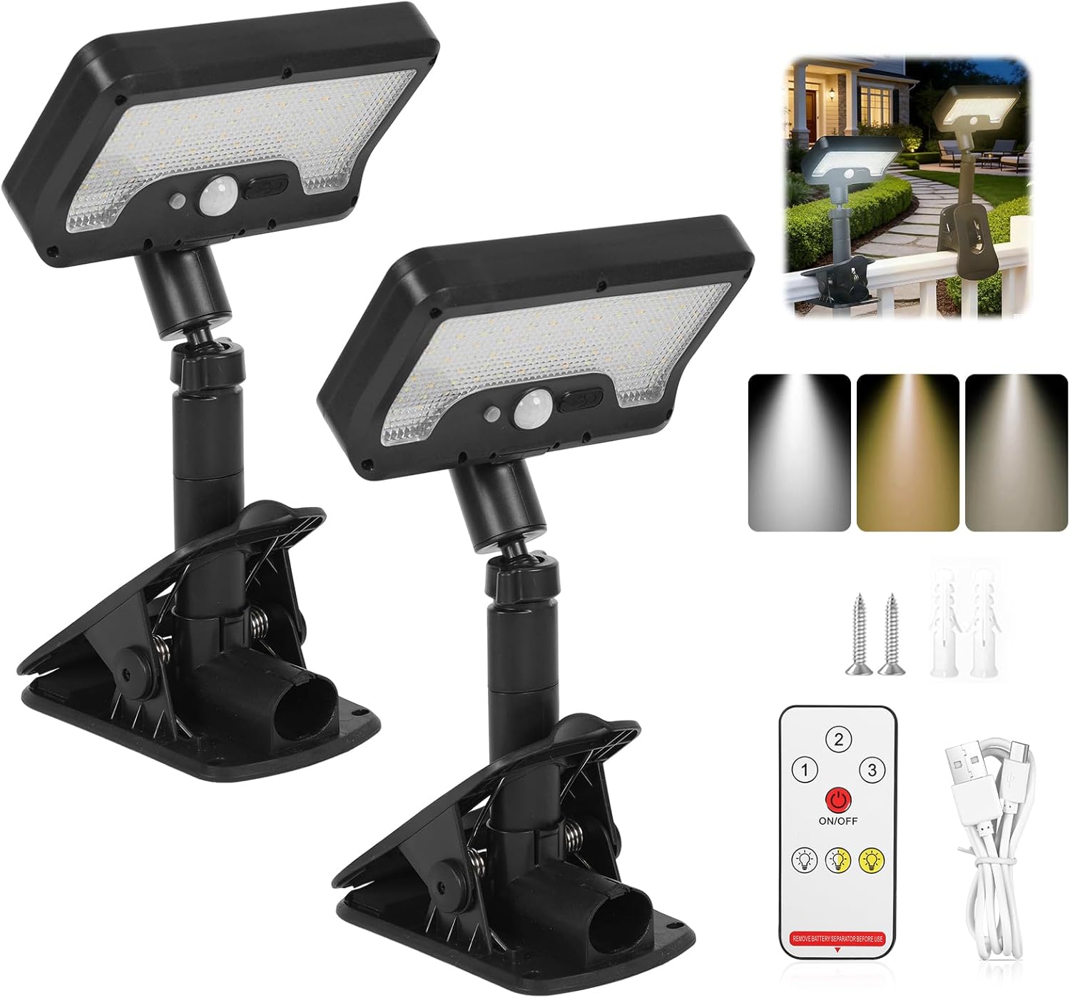 2 Pack Clip On Solar Lights Outdoor with Motion Sensor - 92 LED 600LM Adjustable Fence Lights, IP65 Waterproof Solar Powered for Deck, Gutter, Garden, Camping (Black - 2 pcs)
