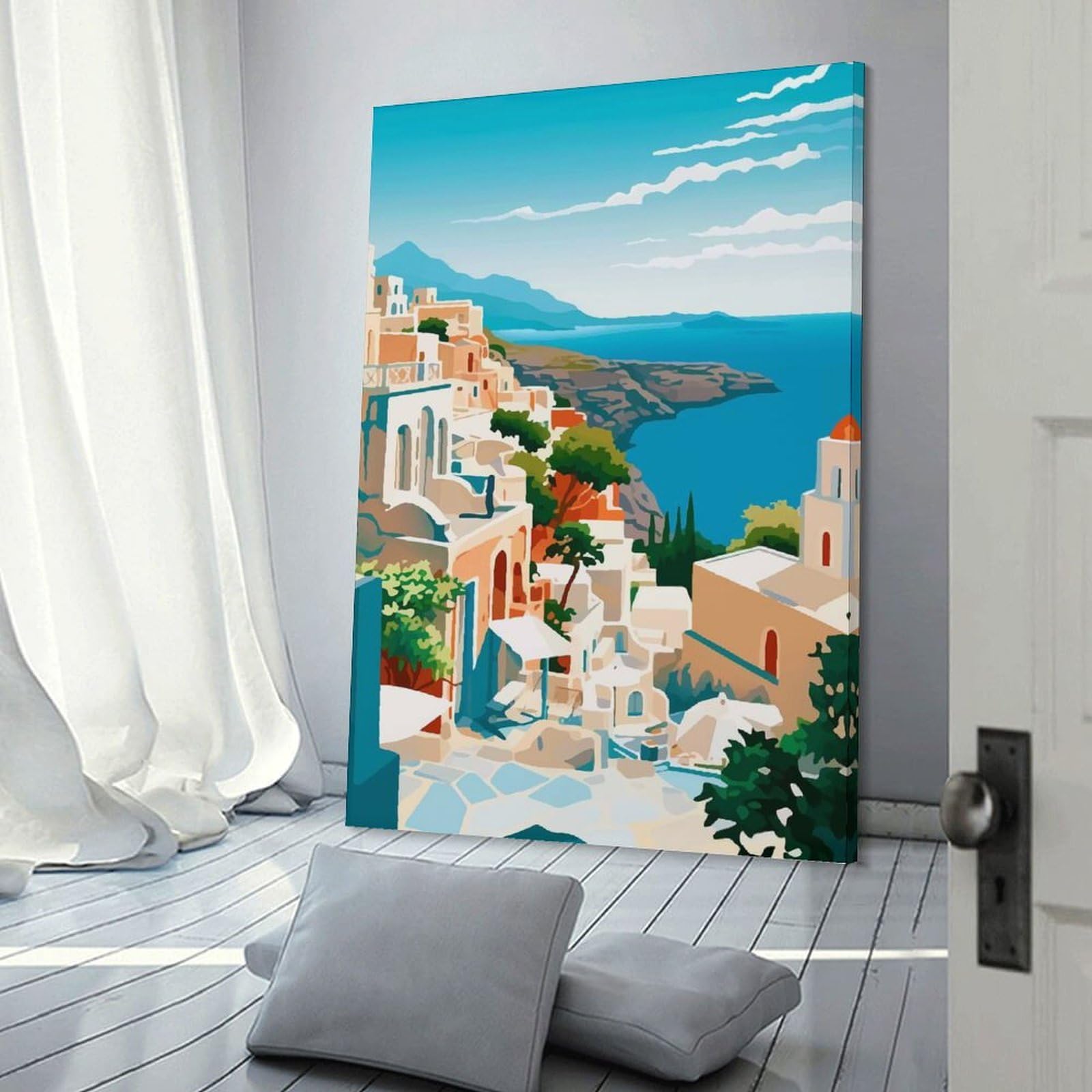 Junmoney Mediterranean Village Seascape Home Decor Wall Art 24x36inch(60x90cm), for Office, Study Or Home Workspace, Home Office Artwork with Decorative Appeal