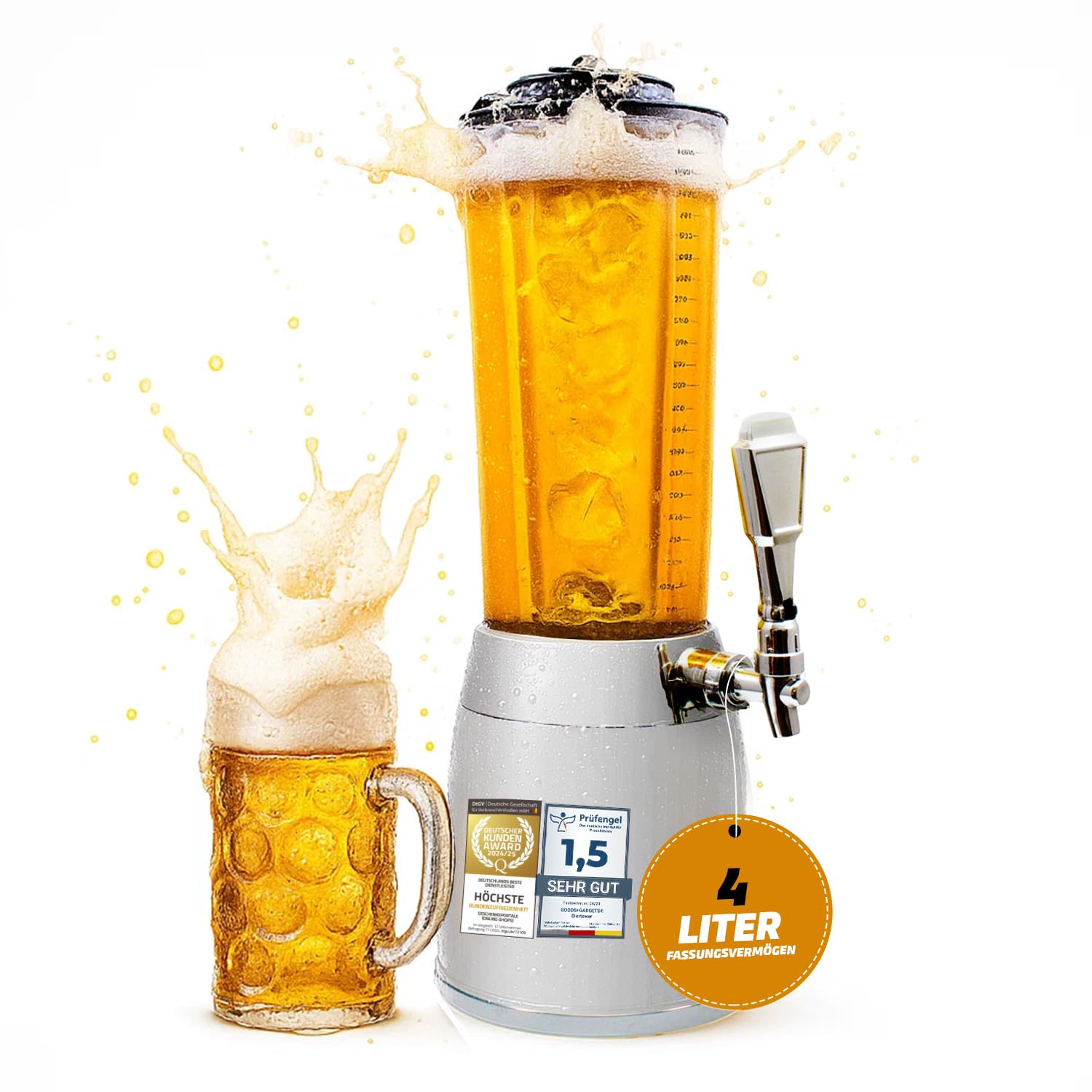 Biertower 4,0 Liter – Kult Biersäule mit LED-Beleuchtung & Eiskühlung – XXL Trinksäule Getränkespender mit Präzisions-Zapfhahn – Robuste Zapfsäule für Party, Grillen & Events – Getränkesäule Chrom