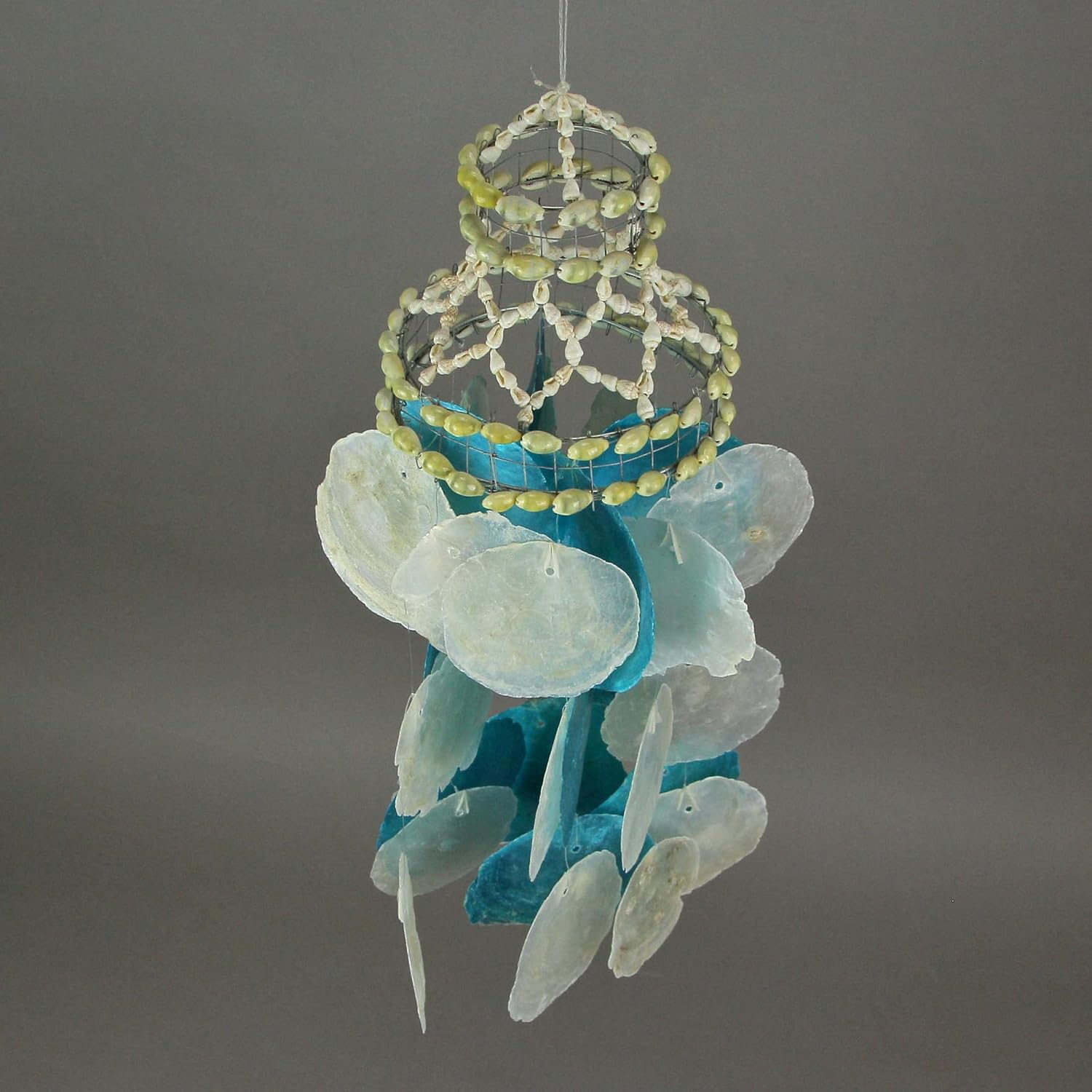 Set of 2 Coastal Blue and White Capiz and Cowrie Shell Wind Chimes Garden Patio, Multicolor, One Size