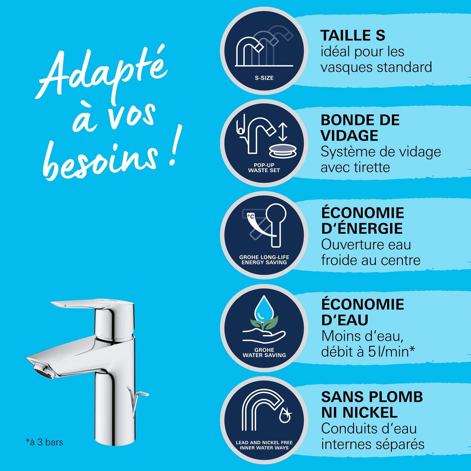 GROHE Robinet lavabo de salle de bains Start, mitigeur monocommande avec tirette de vidage, mousseur économique d'eau, installation rapide, chromé, 31137002 (Import Allemagne)