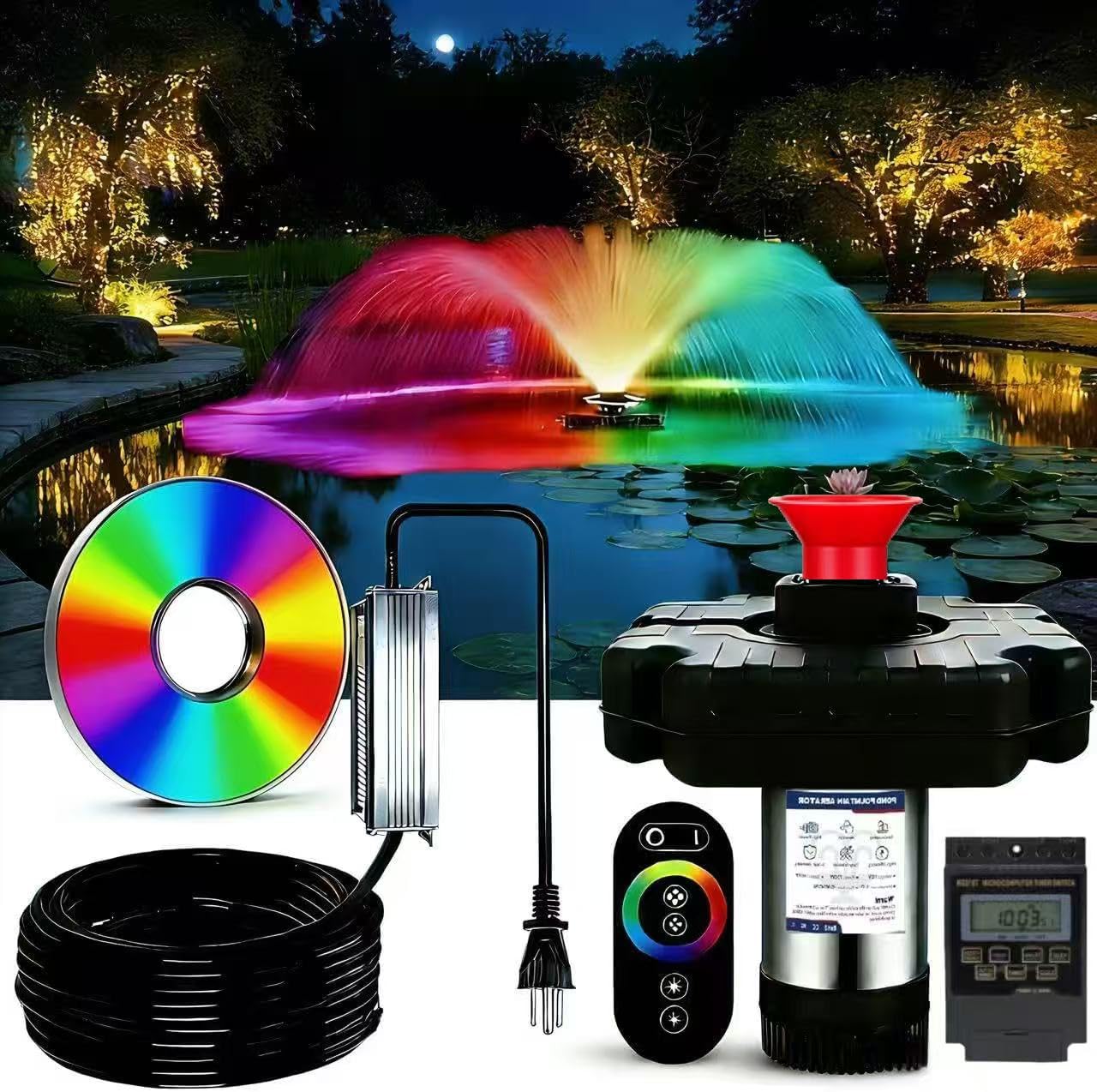 Teichbrunnenbelüfter, Teichbelüfter, mit dynamischer LED-RGB-Beleuchtung, einstellbarer Modi, digitaler Timer, 1 PS 15.000 GPH, 750 W 110 V, 30 m Kabel – für große Teiche, Seen und Wasserspiele im