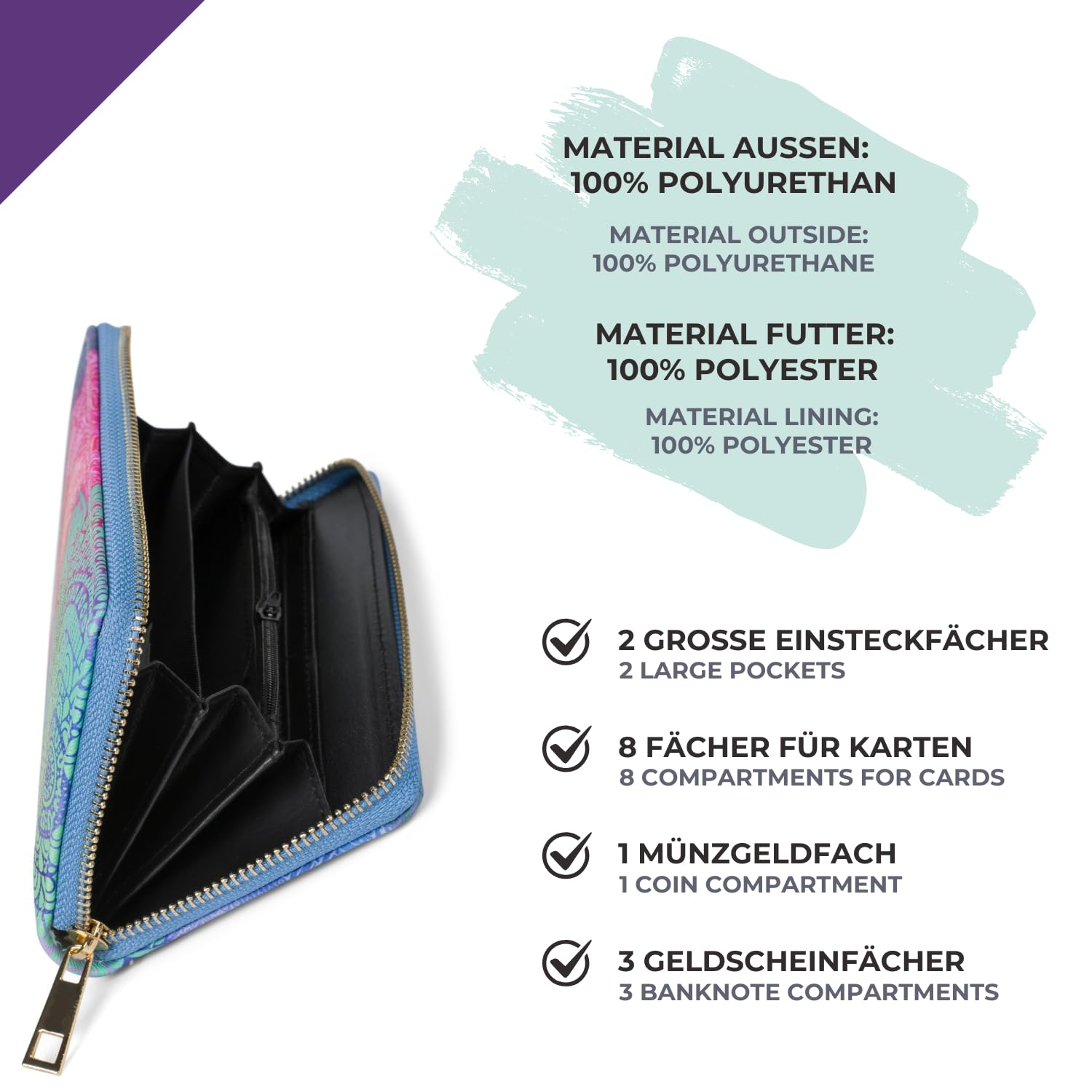 styleBREAKER 02040145 Portfel damski z motywem paisley, mandala z zamkiem błyskawicznym, Zielony/fioletowy/różowy, Einheitsgröße, Nowoczesny