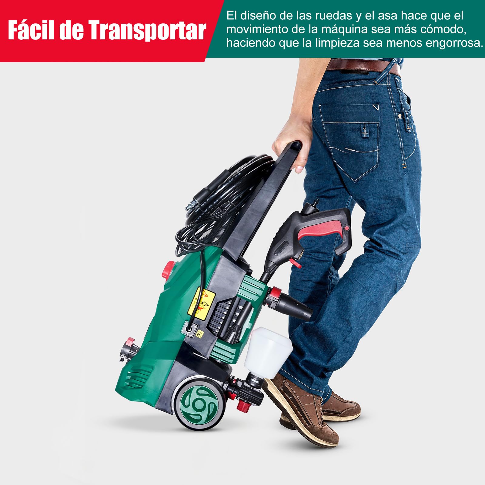HYCHIKA Hidrolimpiadora, 110 Bar Max. 410 l/h Caudal 1500W Lavacoches Portátil con Depósito de Espuma, Manguera de Alta Presión 5m, Cable 5m, hidrolavadora Ideal para Coches Vallas Patios
