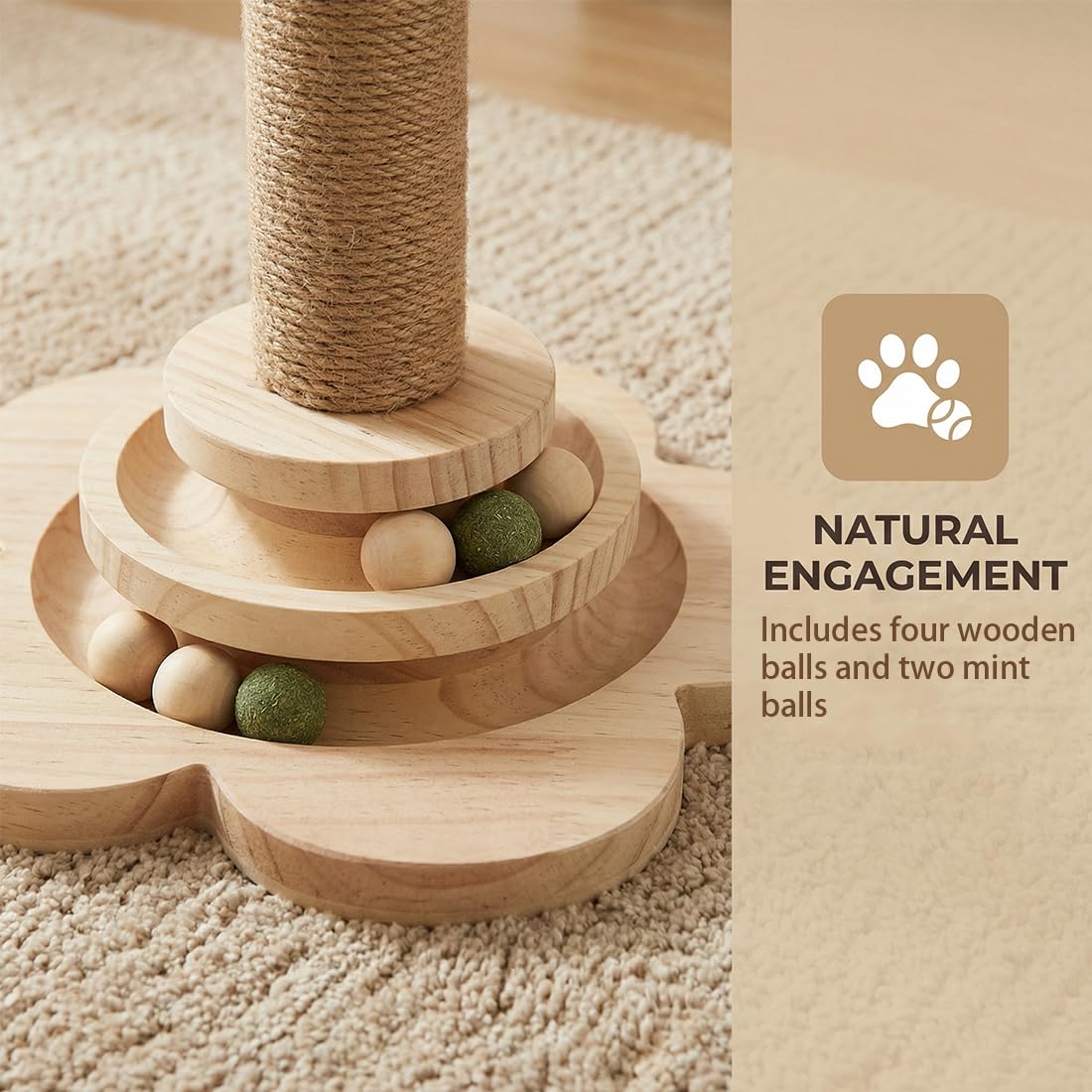 4 in 1 Katzenspielzeug Selbstbeschäftigung, 46cm Kratzbaum mit Hängenden Bällen, natürlicher Sisal-Spielzeug Katze, Interaktives Katzen Spielzeug mit Federn, zum Spielen im Haus
